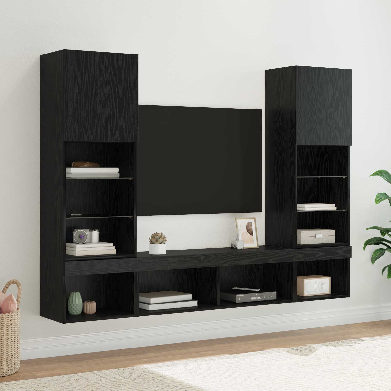 TV Wand Einheiten mit LED 5 stk. Schwarz Eichen-Optik