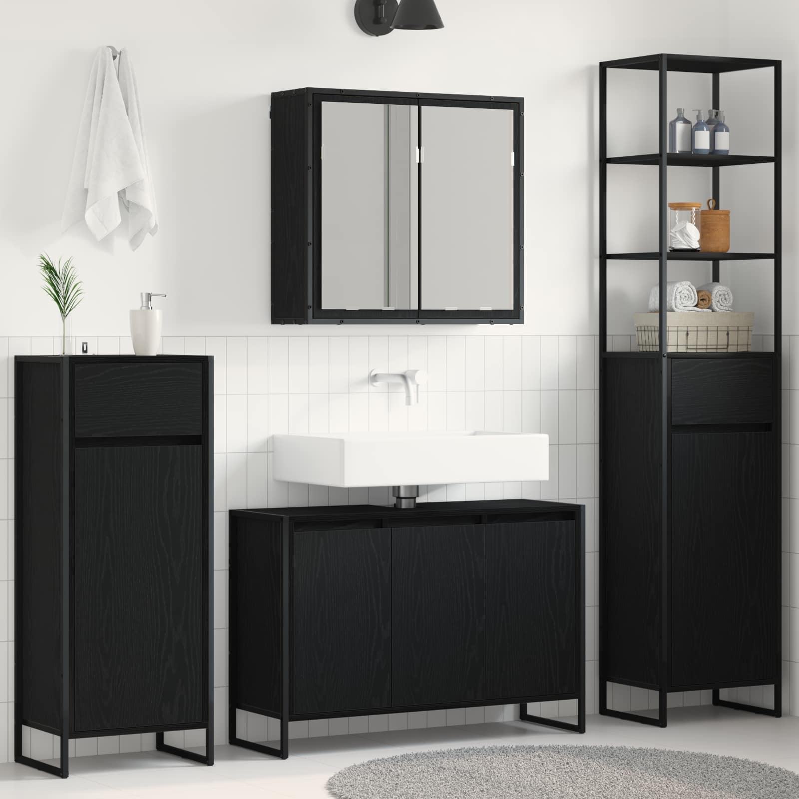 Badezimmermöbel-Set 4 Stk. Schwarz Eichen-Optik Holzwerkstoff