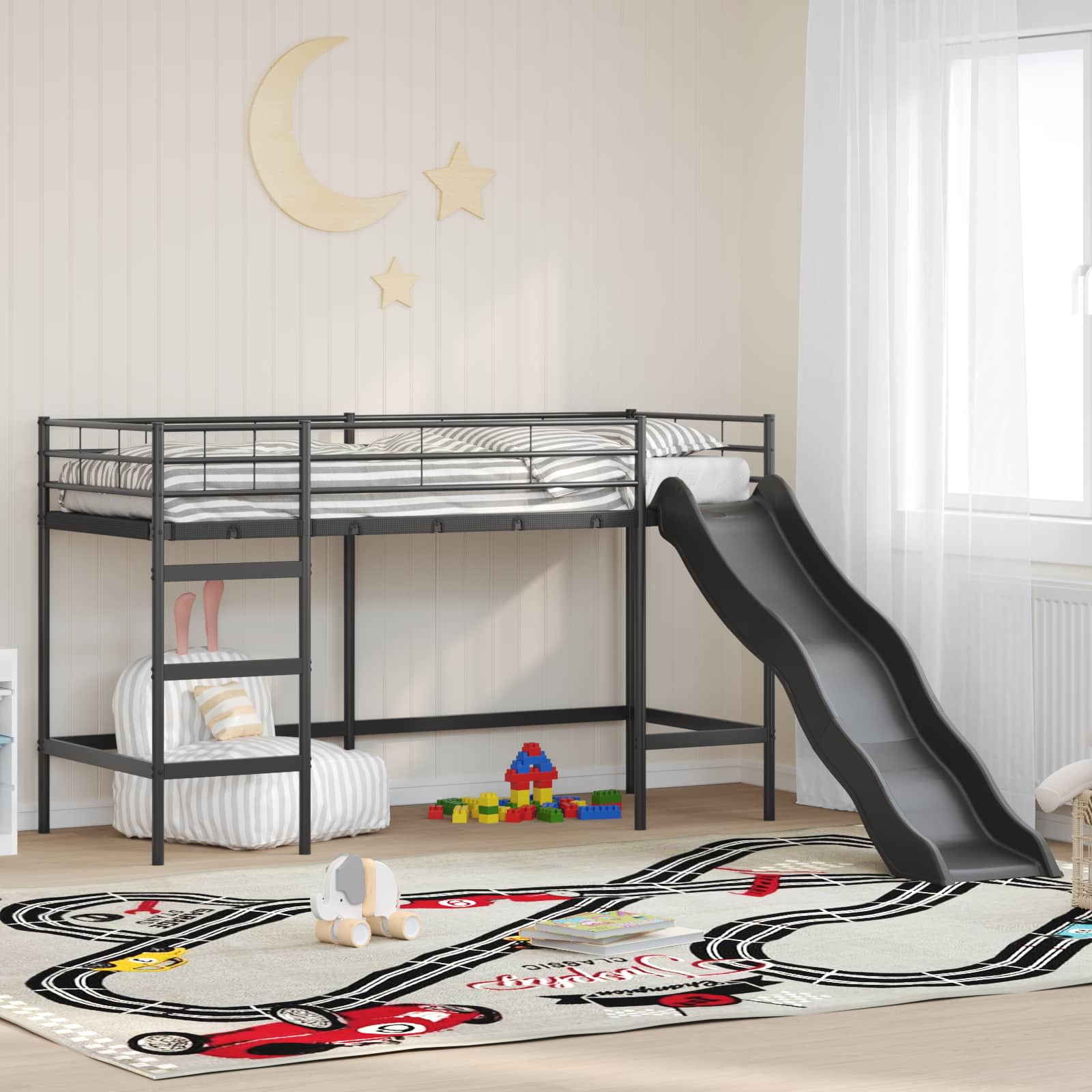 Kinder-Loftbett mit Rutsche Schwarz und Anthrazit 100 x 190 cm