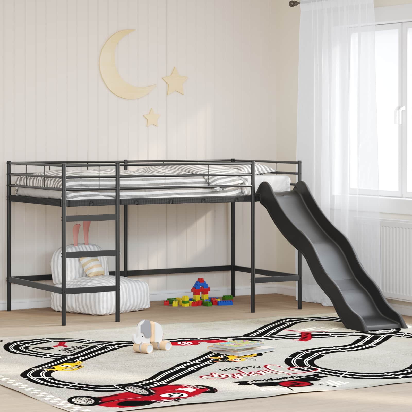 Kinder-Loftbett mit Rutsche Schwarz und Anthrazit 107 x 203 cm