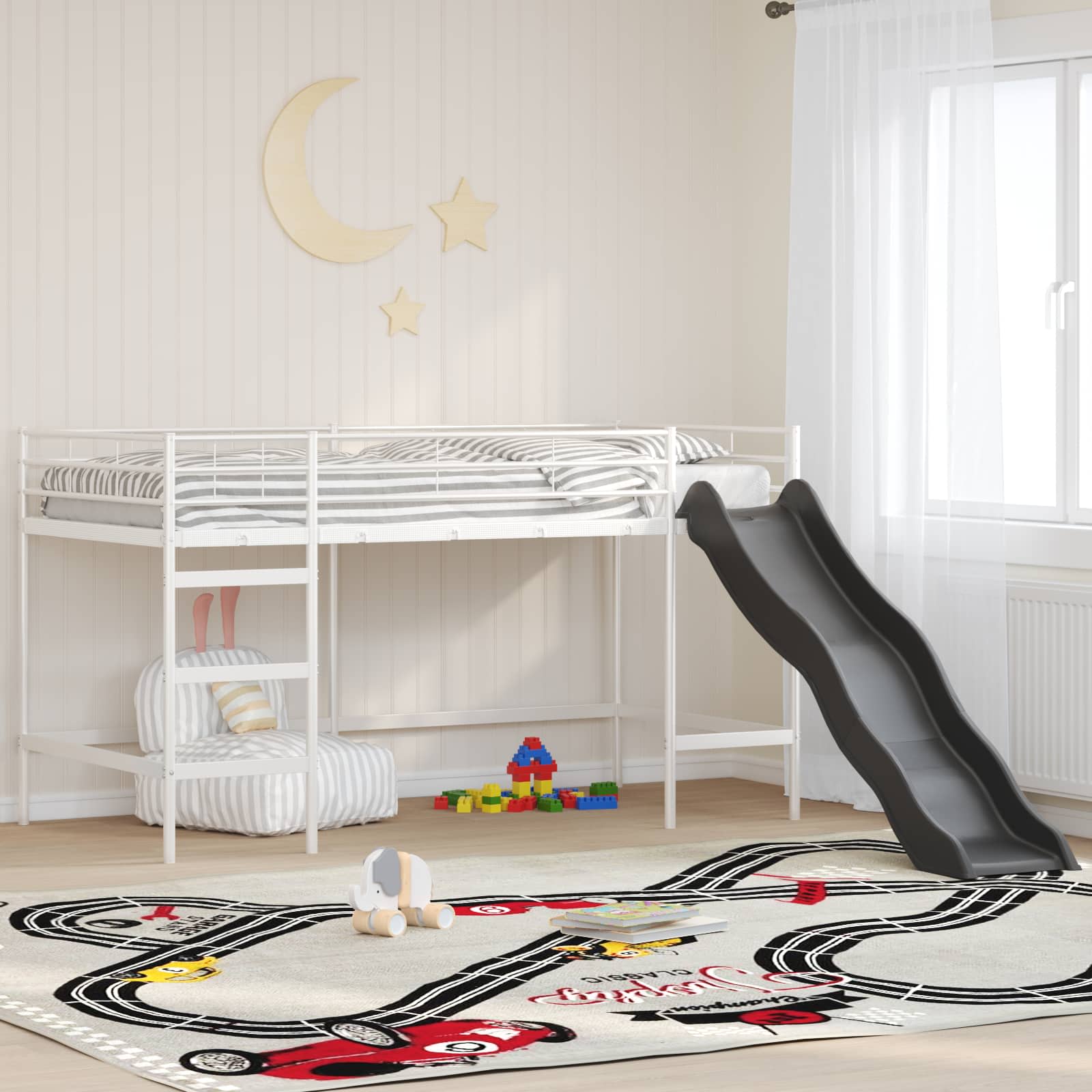 Kinder-Loftbett mit Rutsche Uni Weiß und Anthrazit 90 x 200 cm