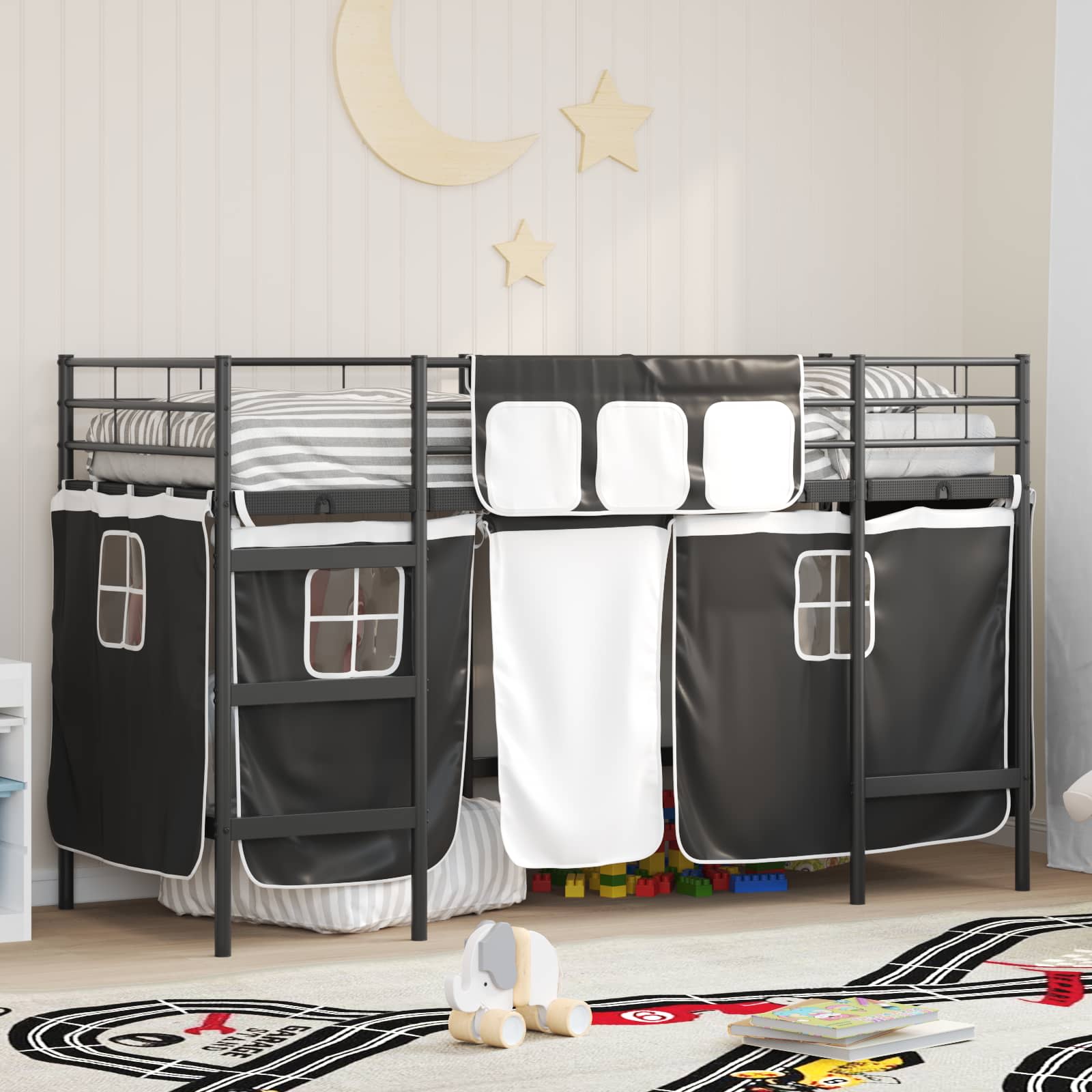 Etagenbett für Kinder mit Vorhängen Uni Schwarz 75 x 190 cm