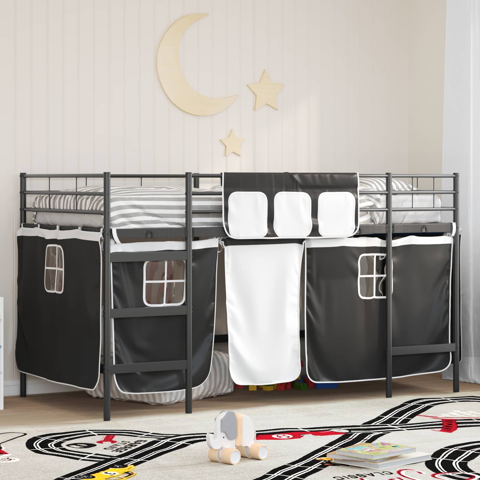 Etagenbett für Kinder mit Vorhängen Uni Schwarz 107 x 203 cm