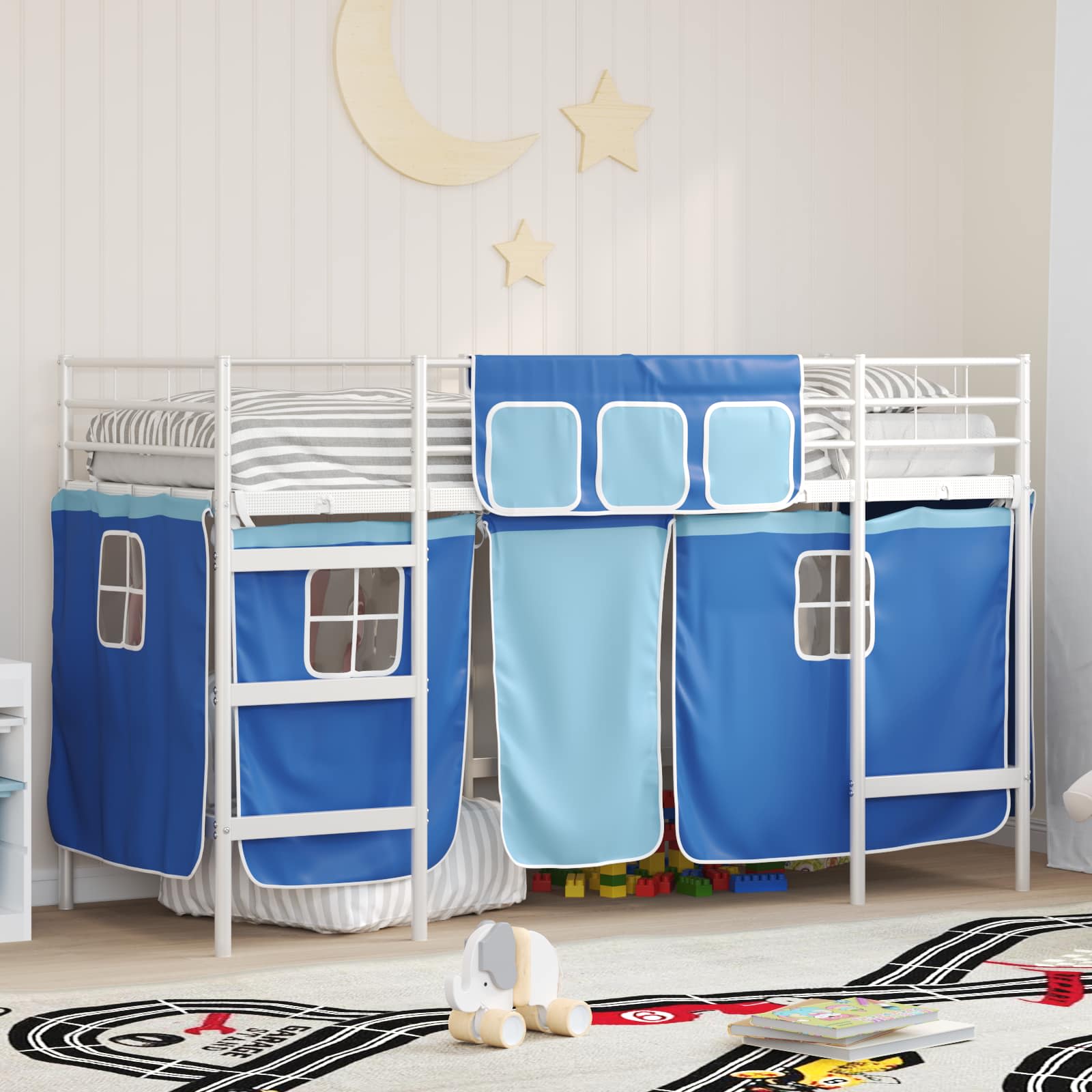 Etagenbett für Kinder mit Vorhängen Weiß und Blau 90 x 190 cm