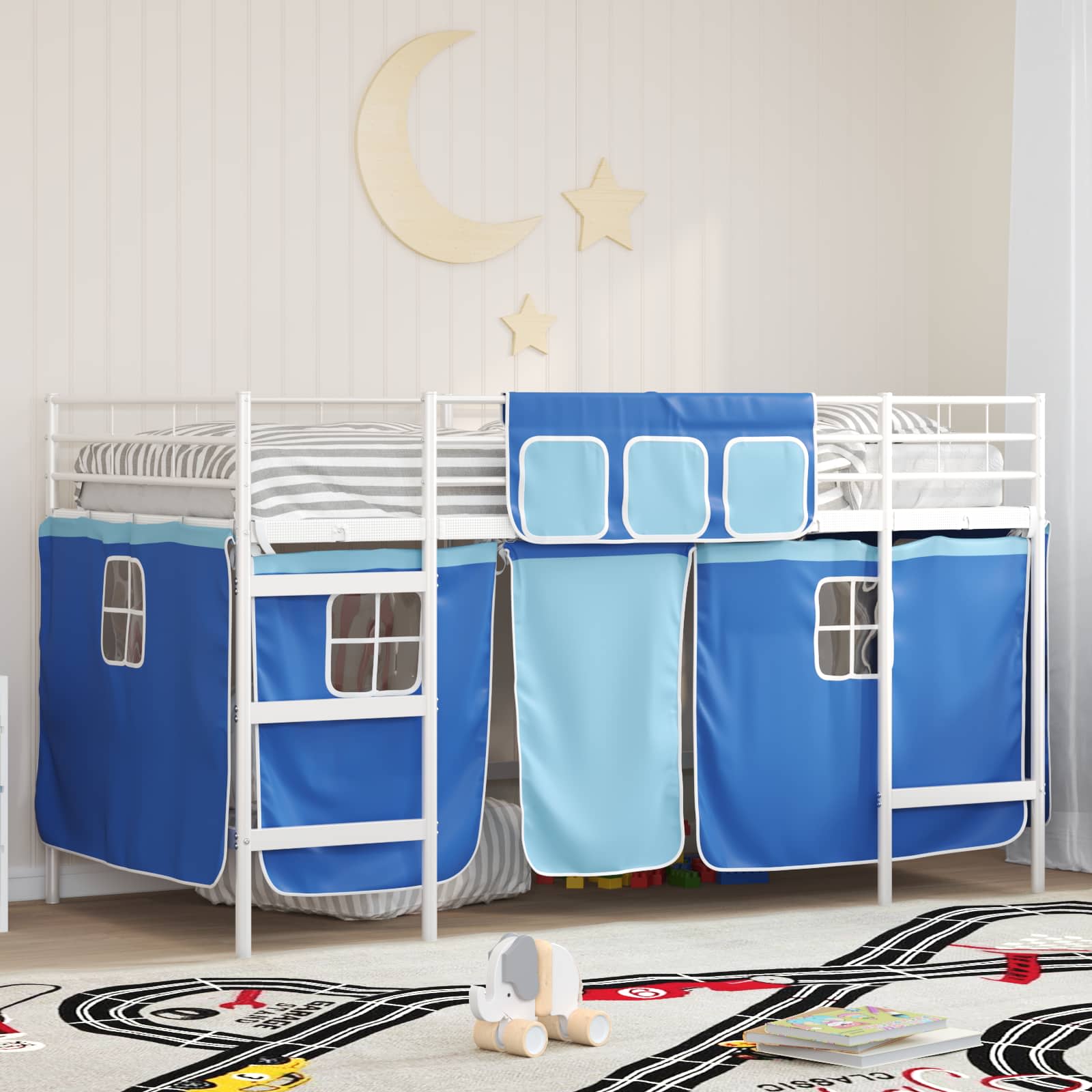 Etagenbett für Kinder mit Vorhängen Weiß und Blau 107 x 203 cm