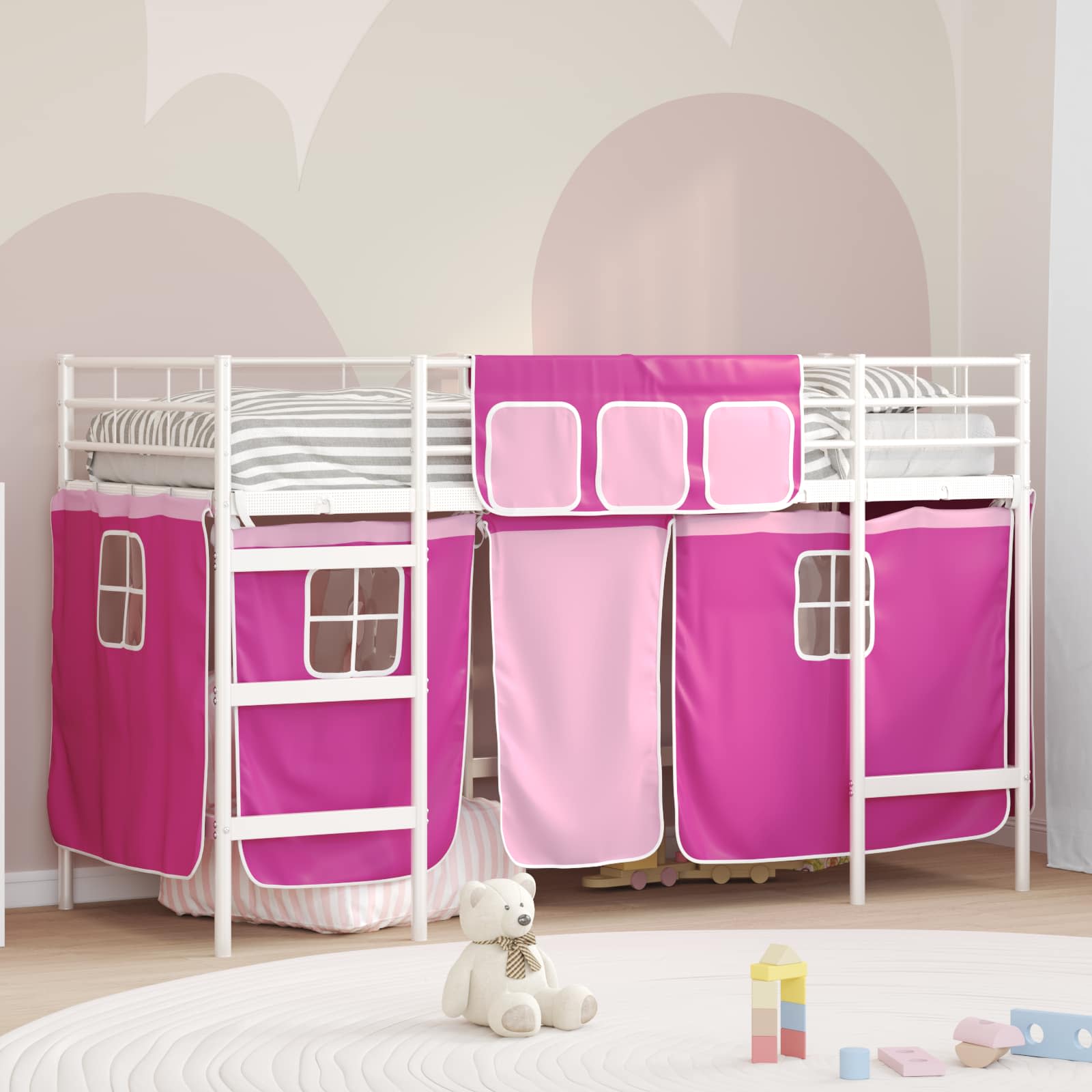 Etagenbett für Kinder mit Vorhängen Weiß und Rosa 100 x 190 cm