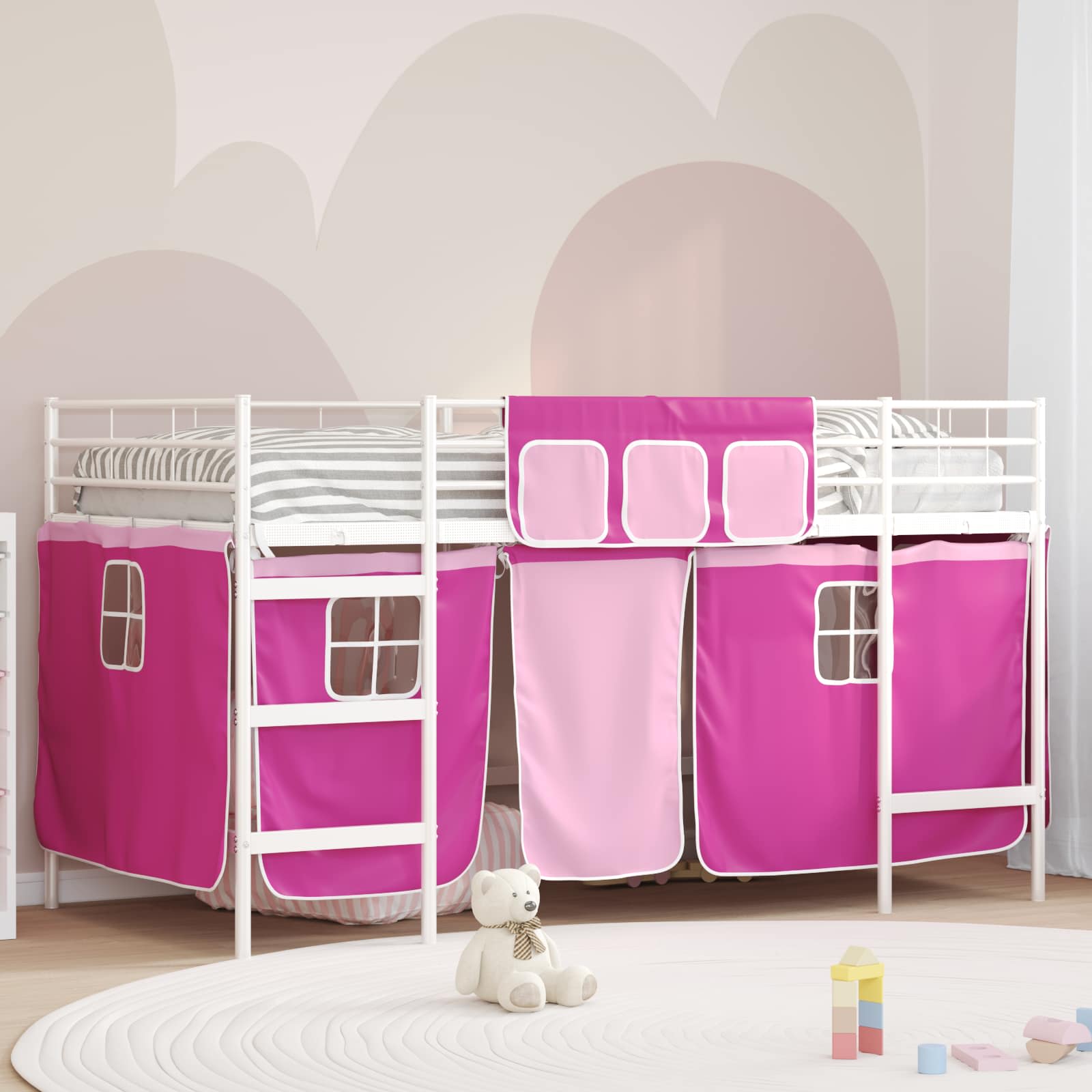 Etagenbett für Kinder mit Vorhängen Weiß und Rosa 100 x 200 cm