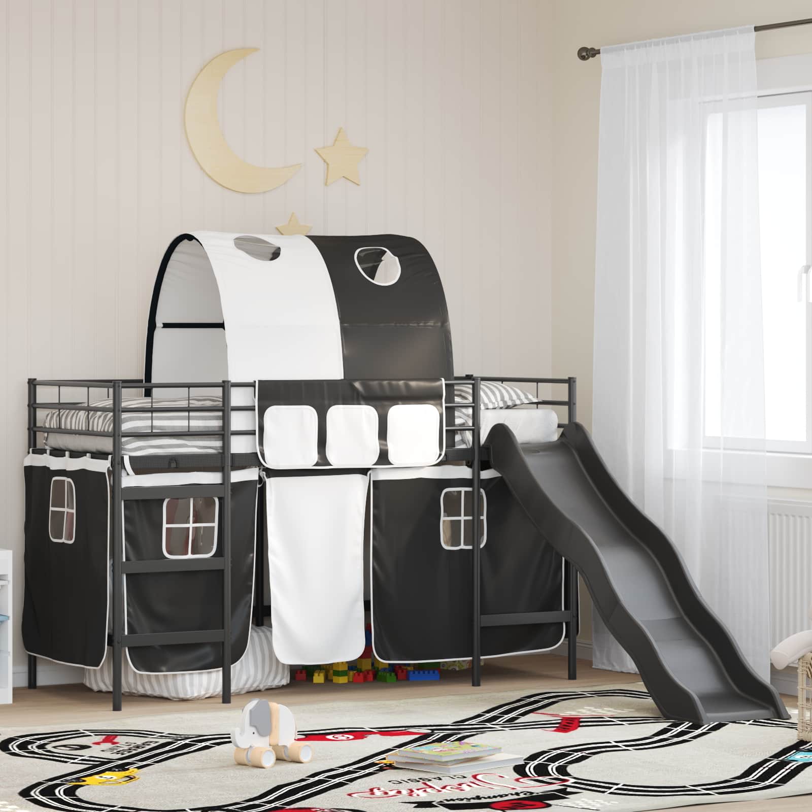 Etagenbett für Kinder mit Vorhängen Schwarz 90 x 190 cm Metall