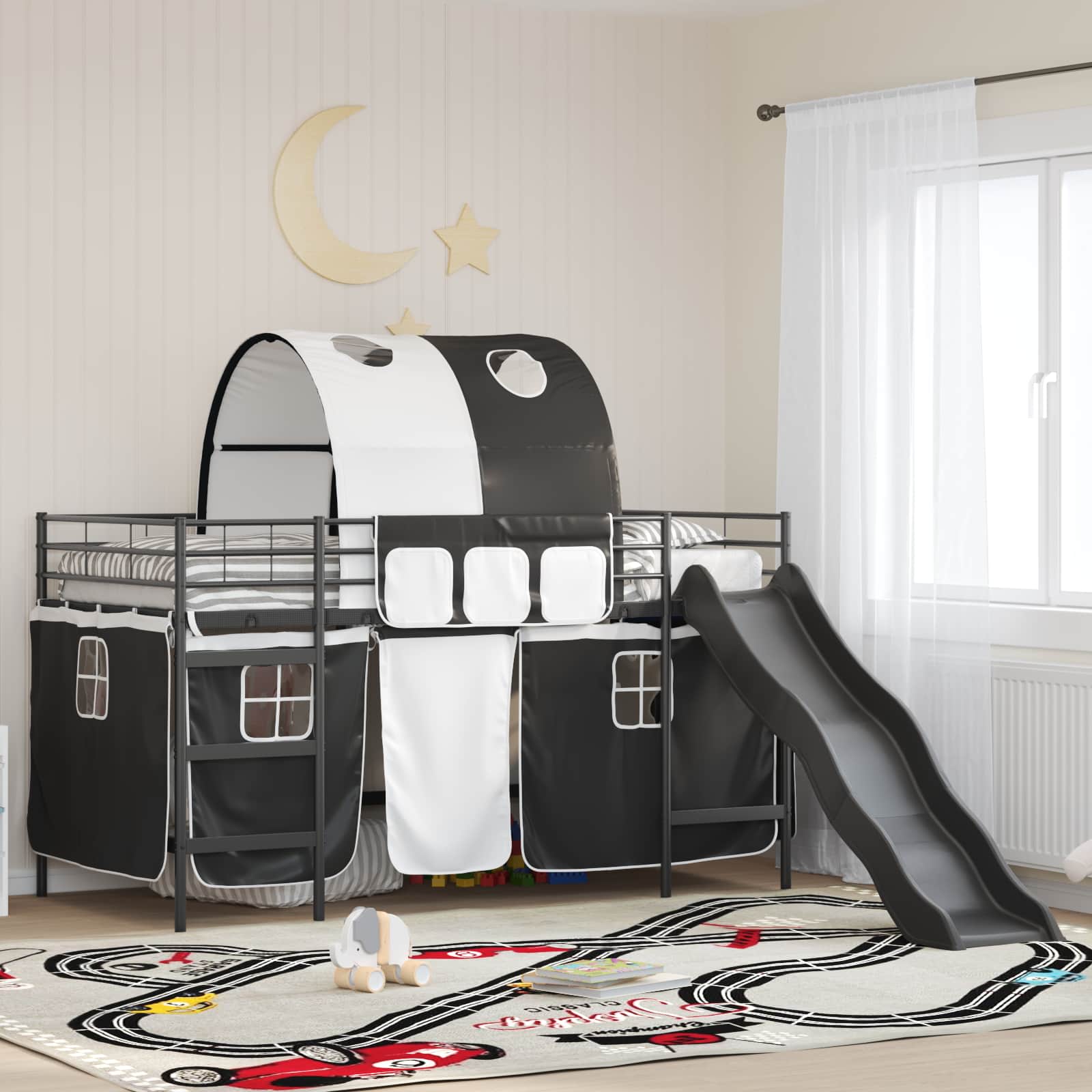 Etagenbett für Kinder mit Vorhängen Schwarz 107 x 203 cm Metall