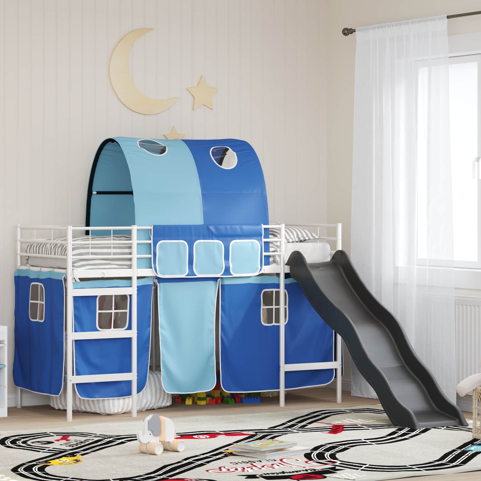 Etagenbett für Kinder mit Vorhängen Weiß und Blau 90 x 190 cm