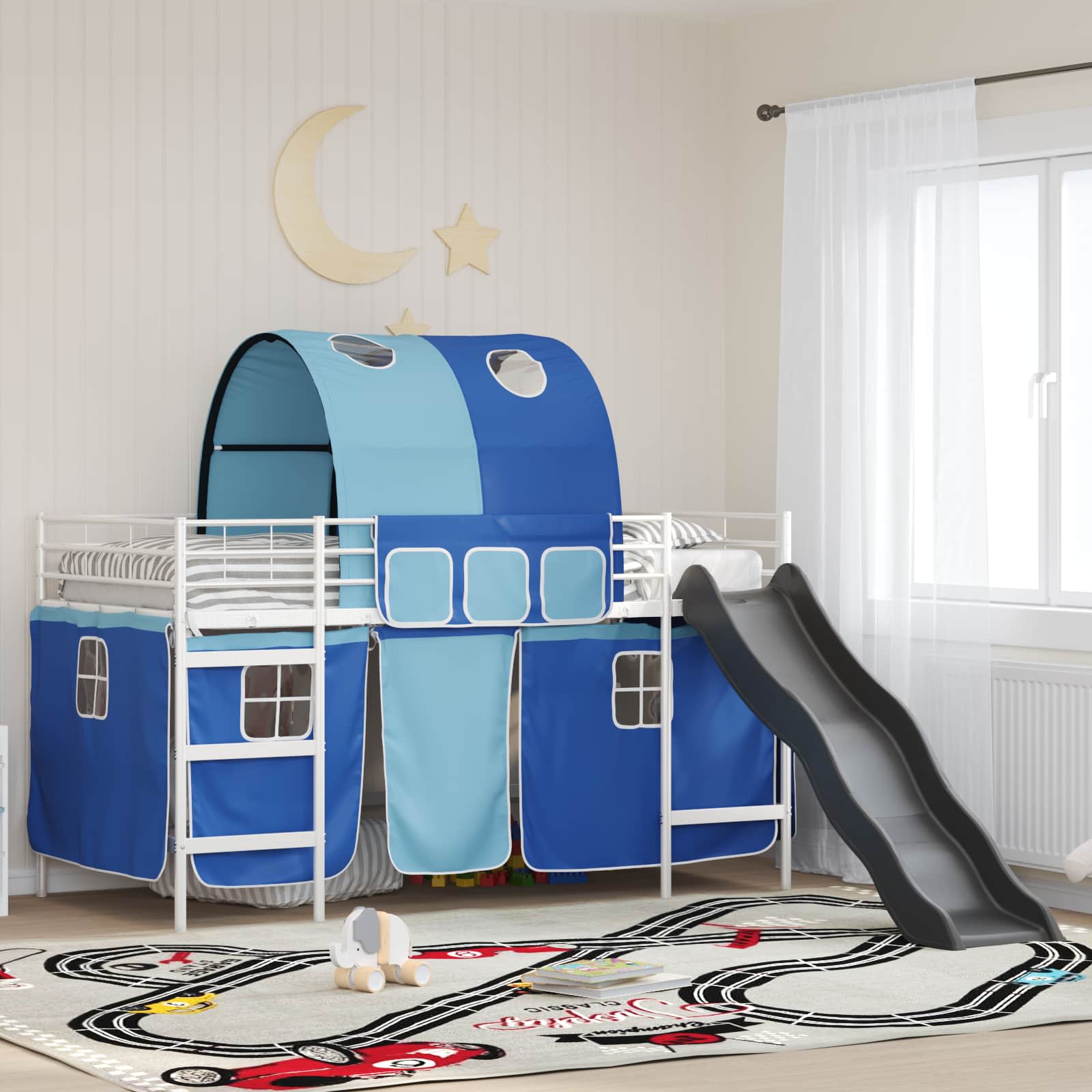 Etagenbett für Kinder mit Vorhängen Weiß und Blau 100 x 200 cm