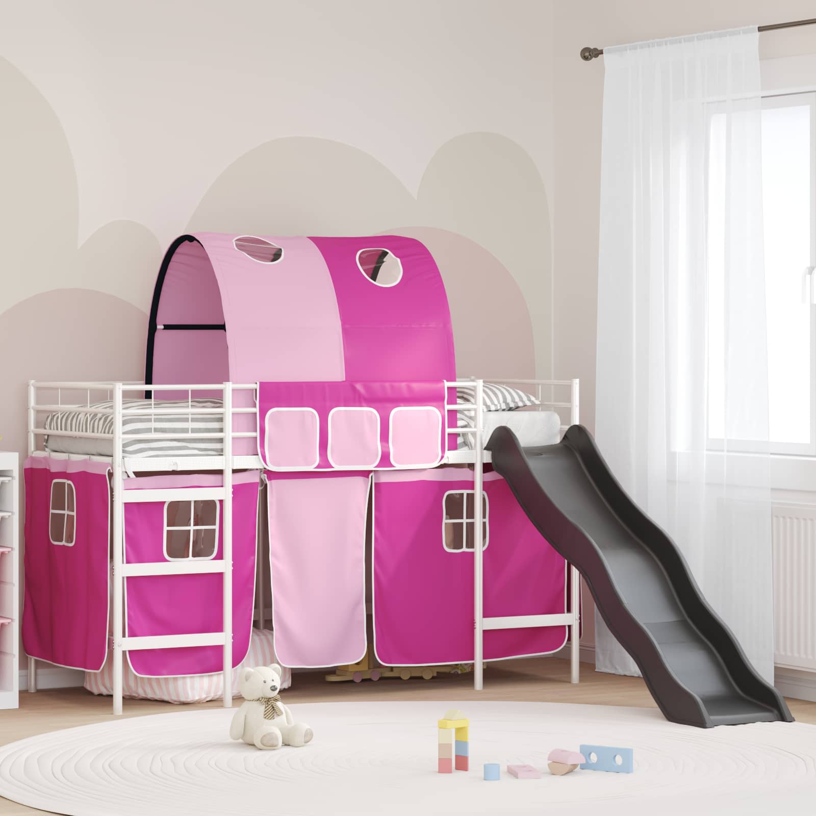 Etagenbett für Kinder mit Vorhängen Weiß und Rosa 75 x 190 cm