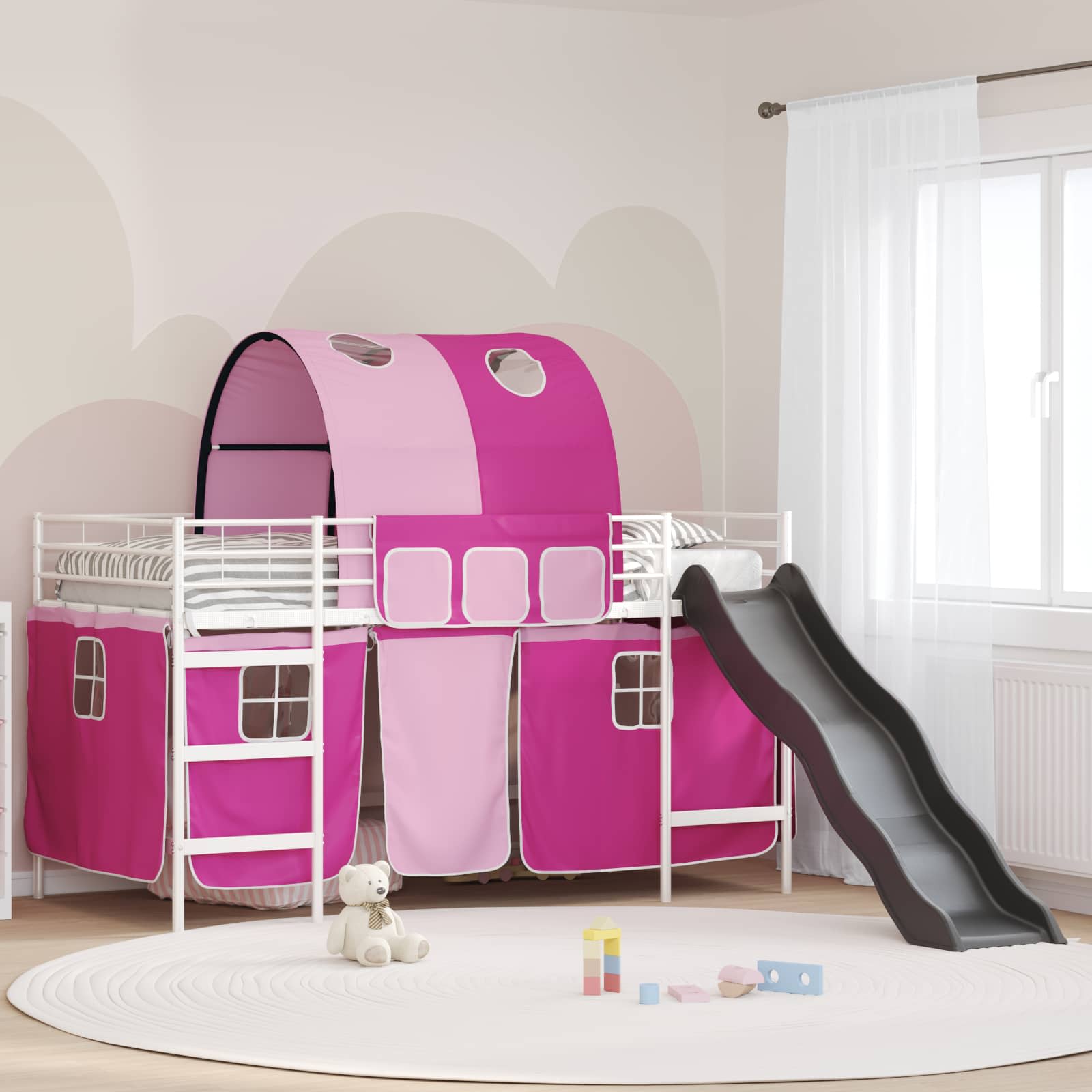 Etagenbett für Kinder mit Vorhängen Weiß und Rosa 100 x 200 cm