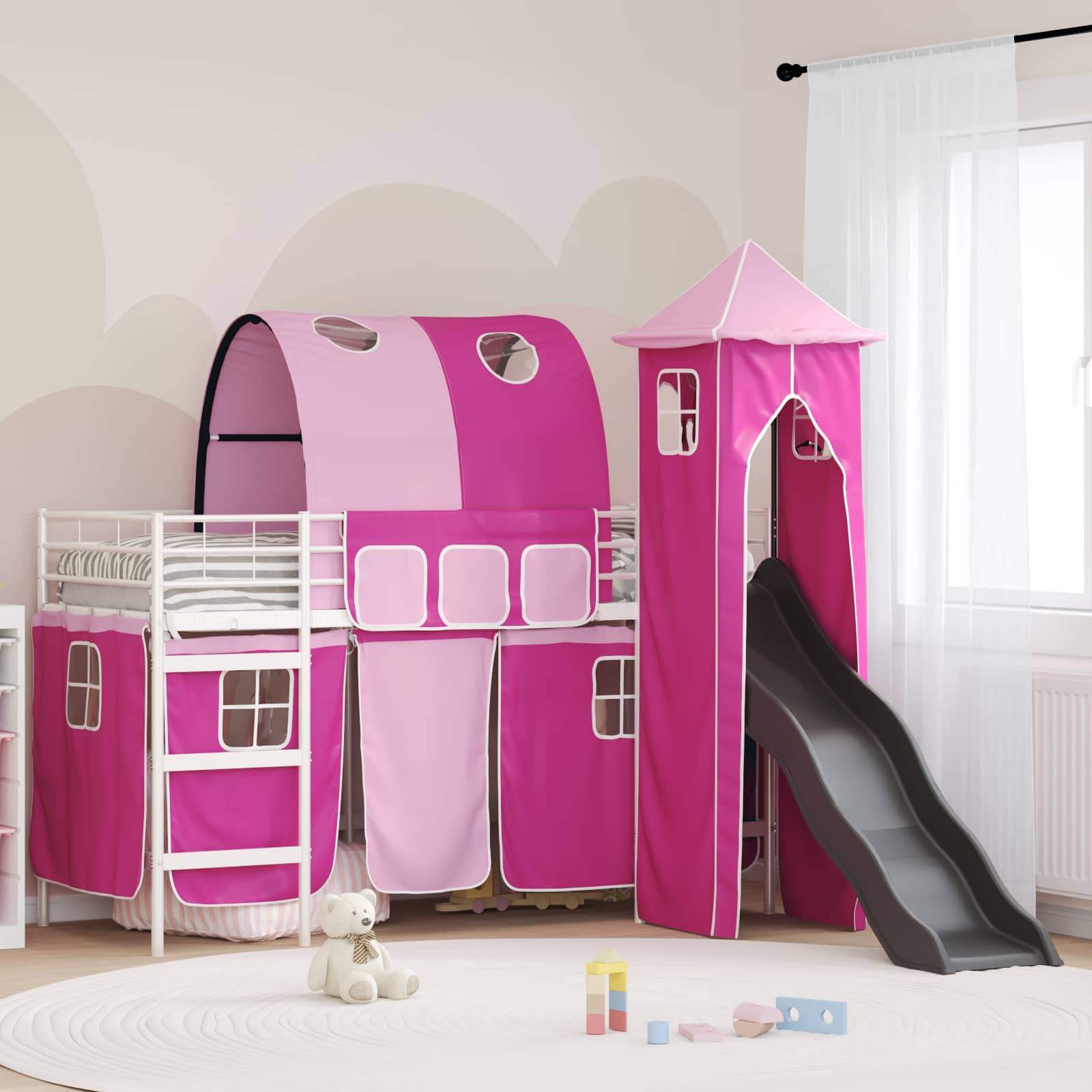 Kinder Etagenbett Gestell Uni Weiß und Rosa 75 x 190 cm Metall