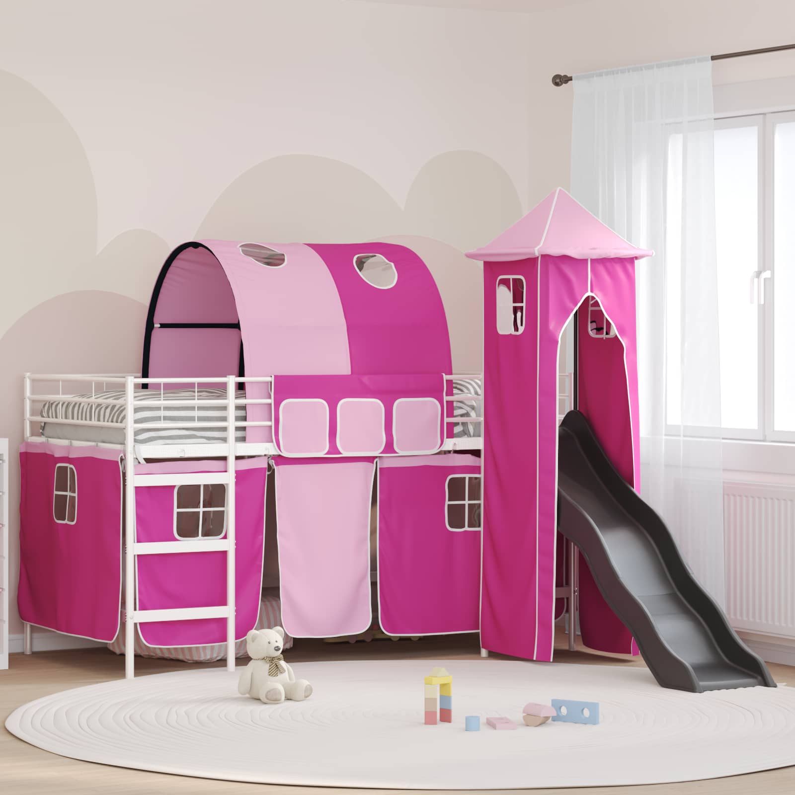 Kinder Etagenbett Gestell Uni Weiß und Rosa 90 x 200 cm Metall