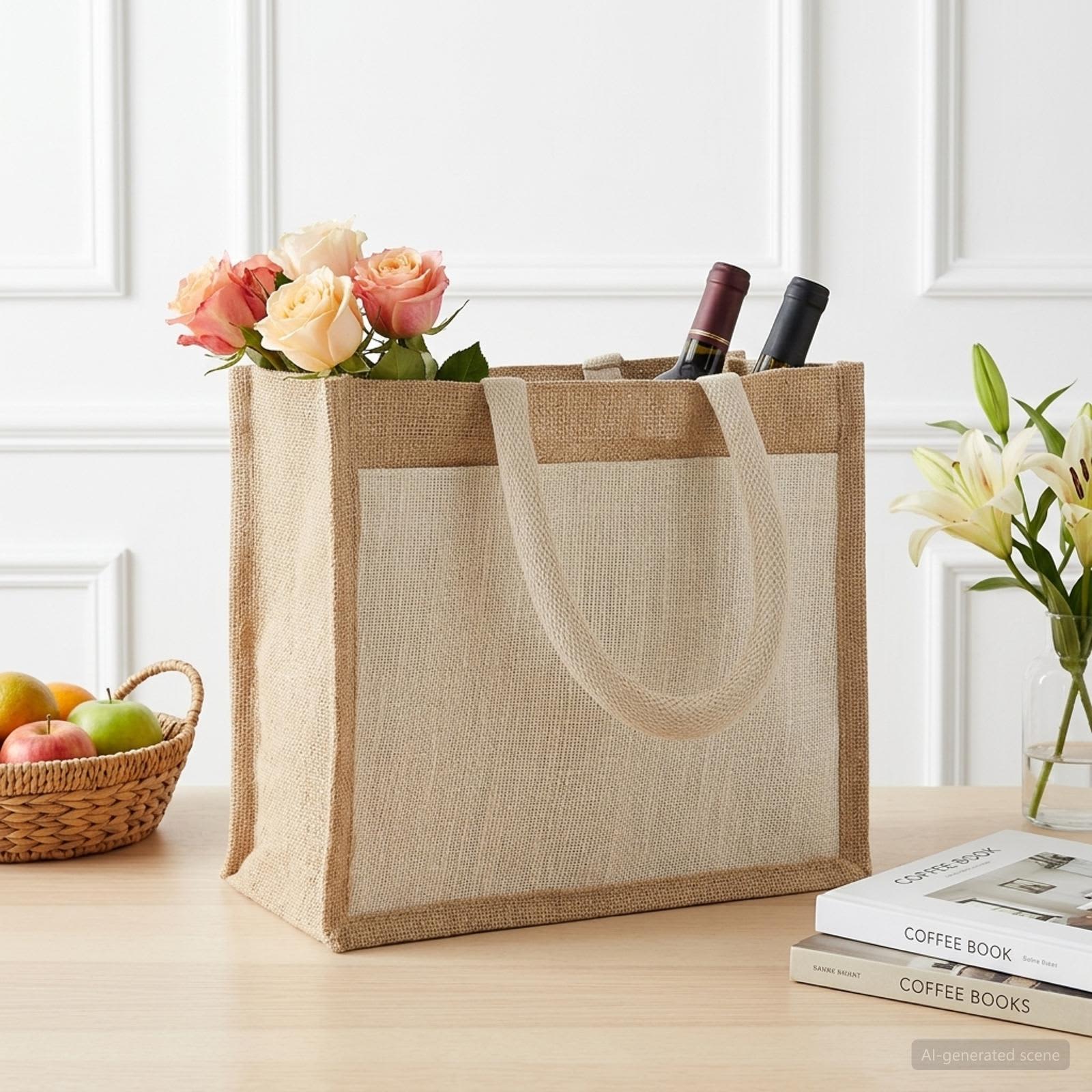 Jute-Handtaschen mit Tasche 10 Natürlich und Weiß