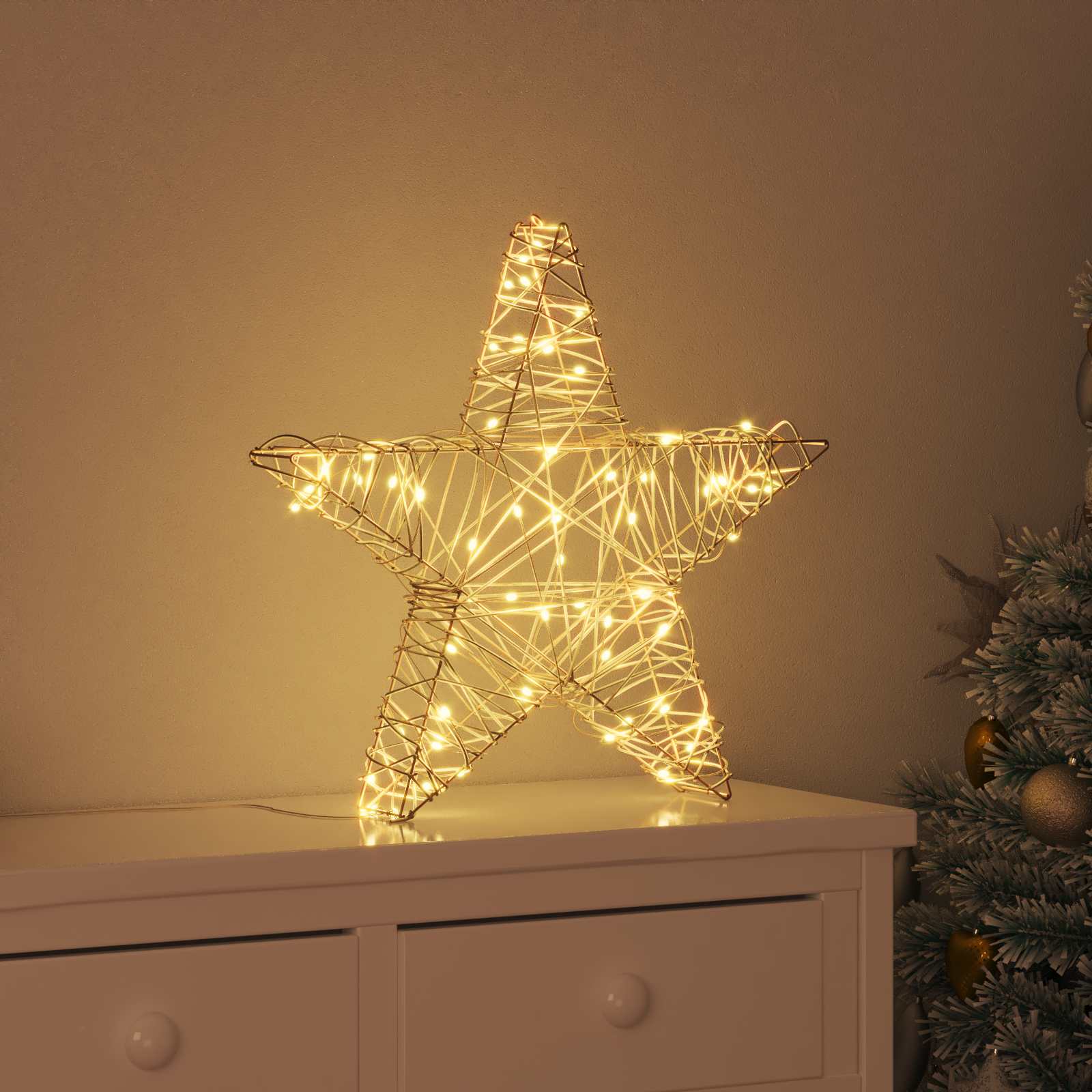 3D Stern 50 LEDs Warmweiß 55 x 52,5 x 9 cm Rattan