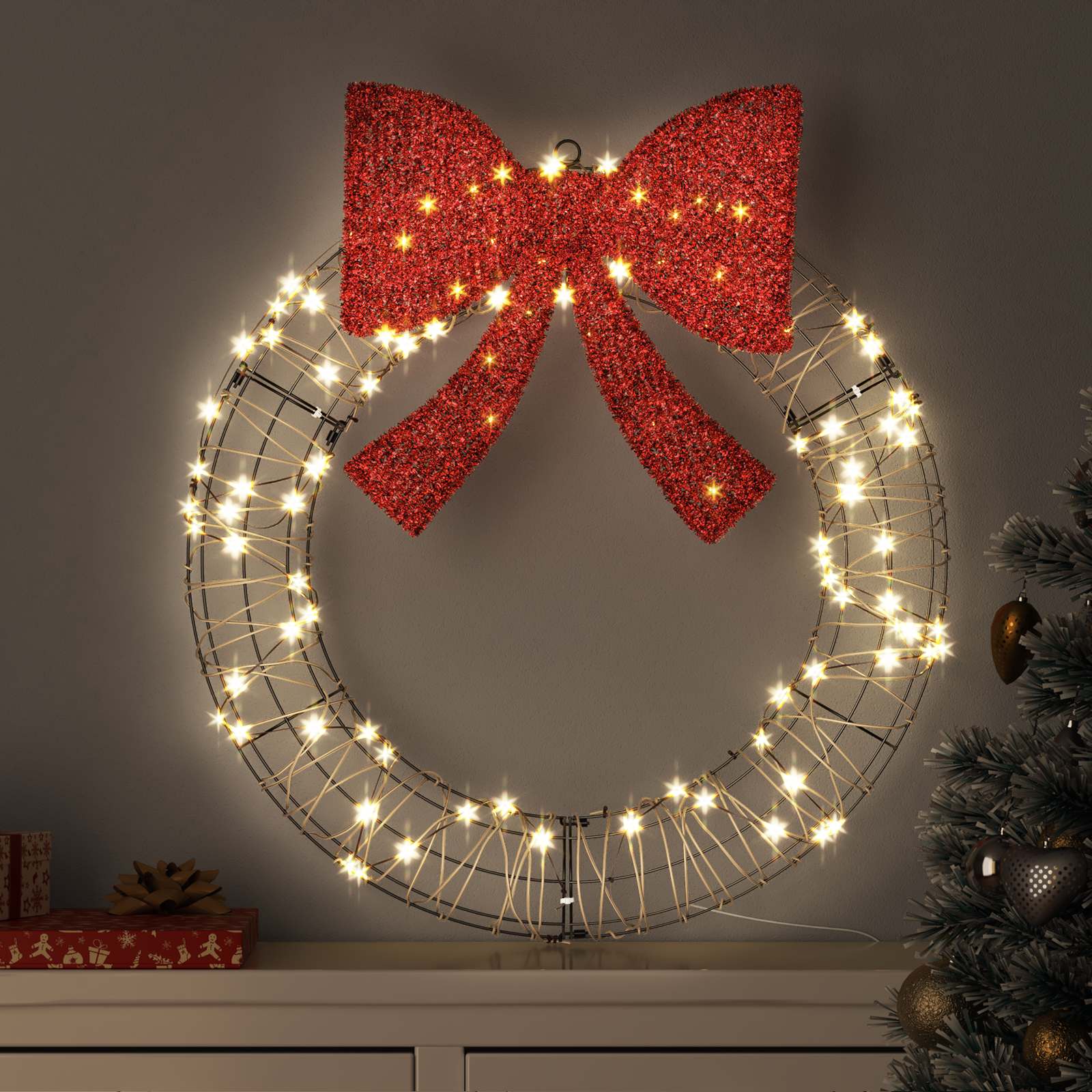 Kranz 60 LEDs Warmweiß 75 x 75 x 8 cm Rattan