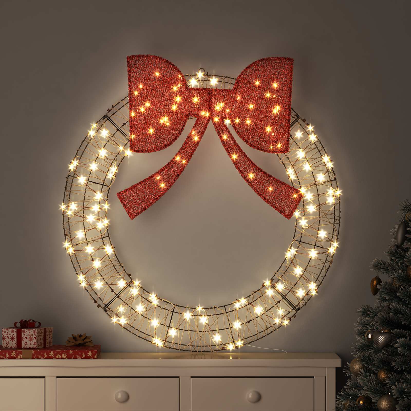 Kranz 150 LEDs Warmweiß 121 x 121 x 10 cm Rattan