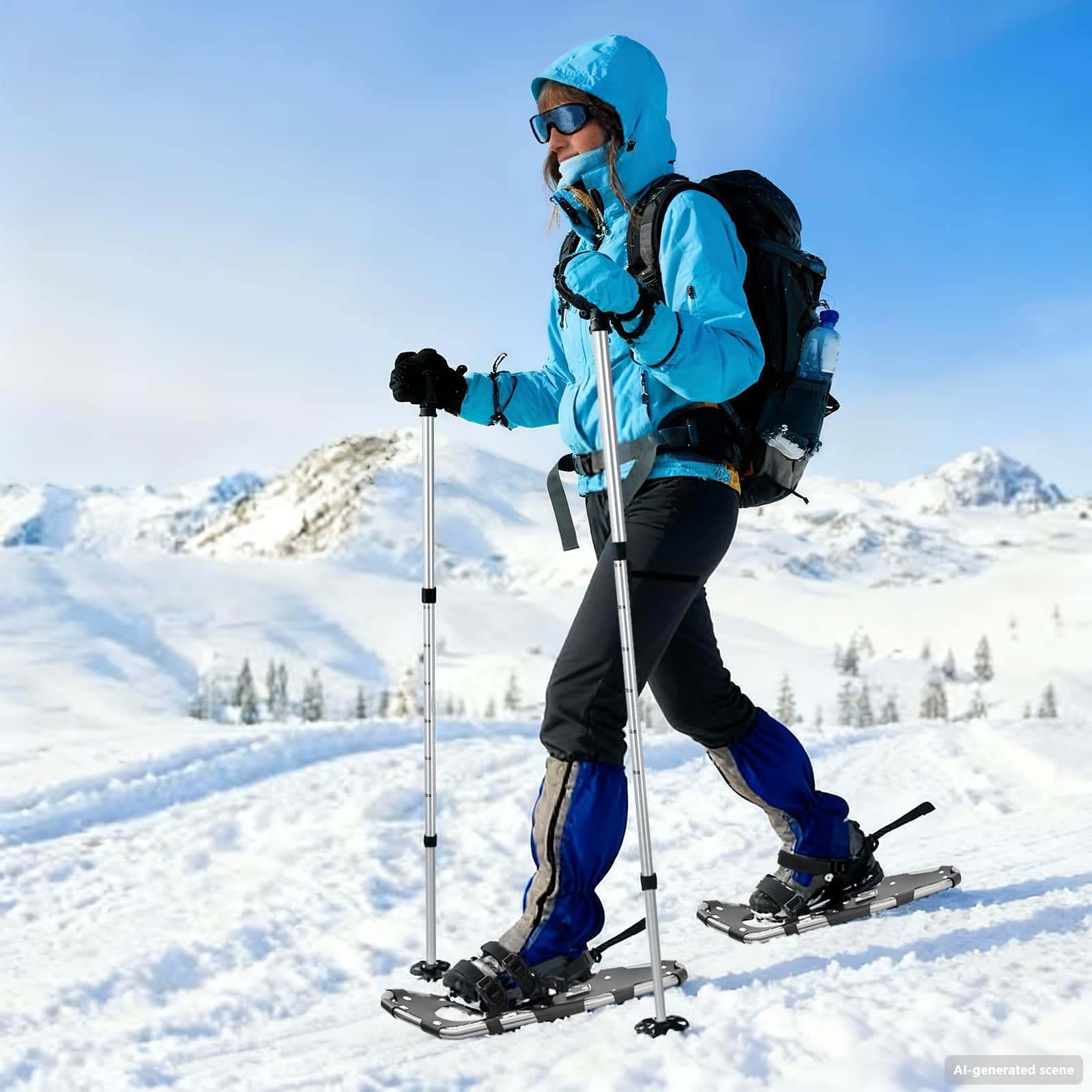3 in 1 Schneeschuhe mit Wanderstöcken Silber und Schwarz