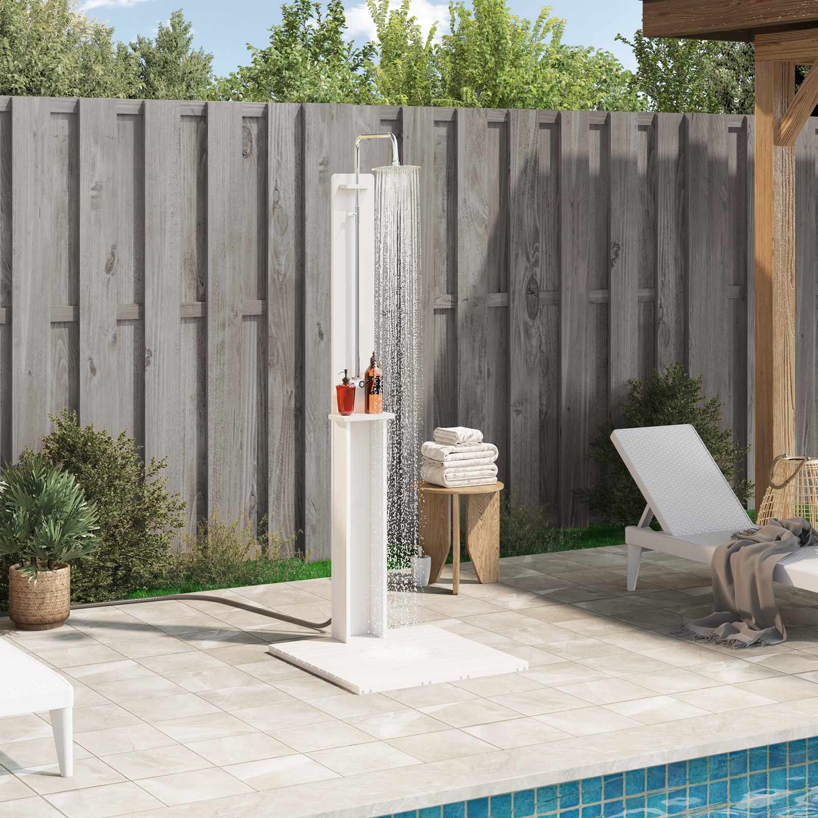 Gartendusche 206 cm Massivholz Kiefer und Edelstahl Weiß