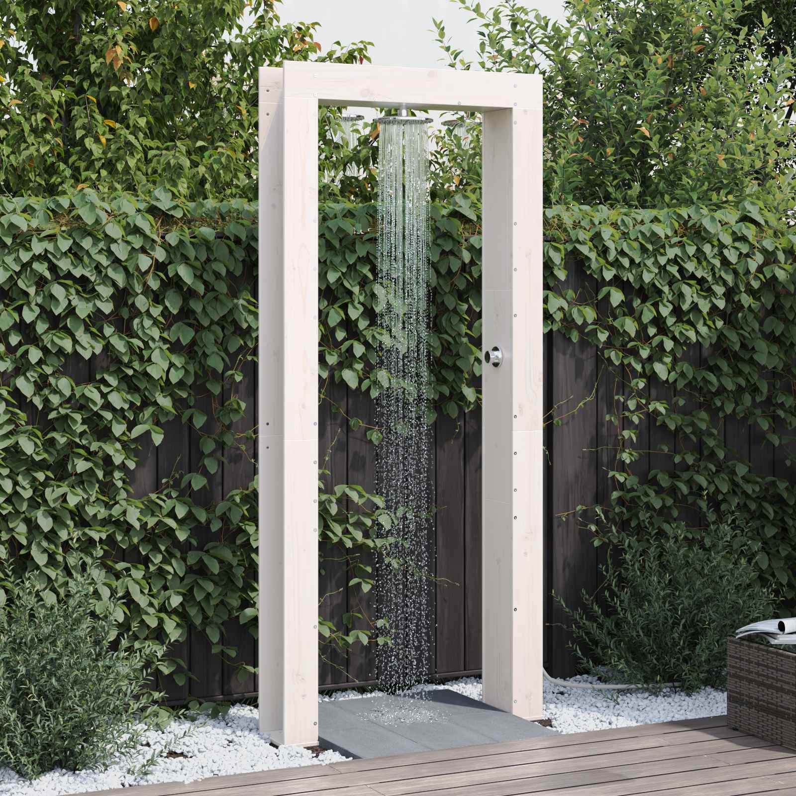 Gartendusche 226 cm Massivholz Kiefer und Edelstahl Weiß