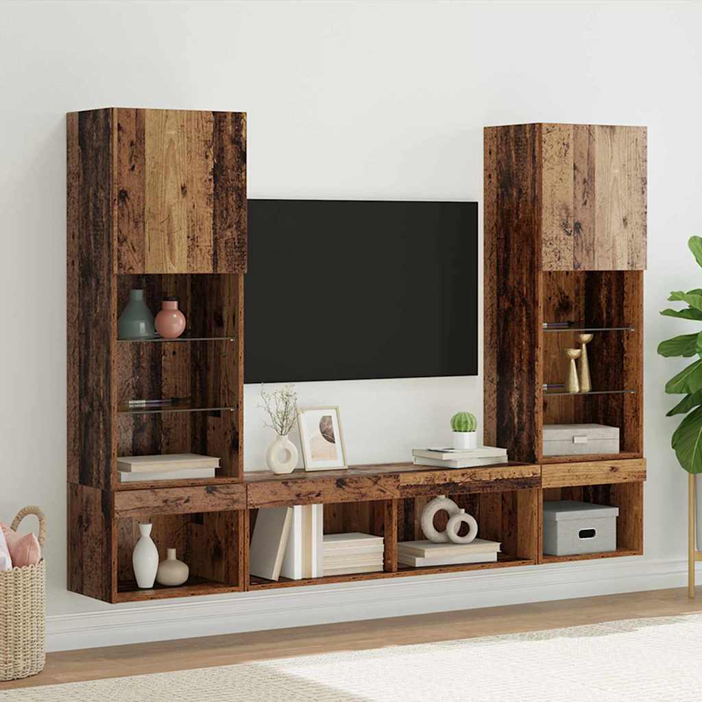 TV Wand Einheiten mit LED 5 stk. Altholz Holzwerkstoff