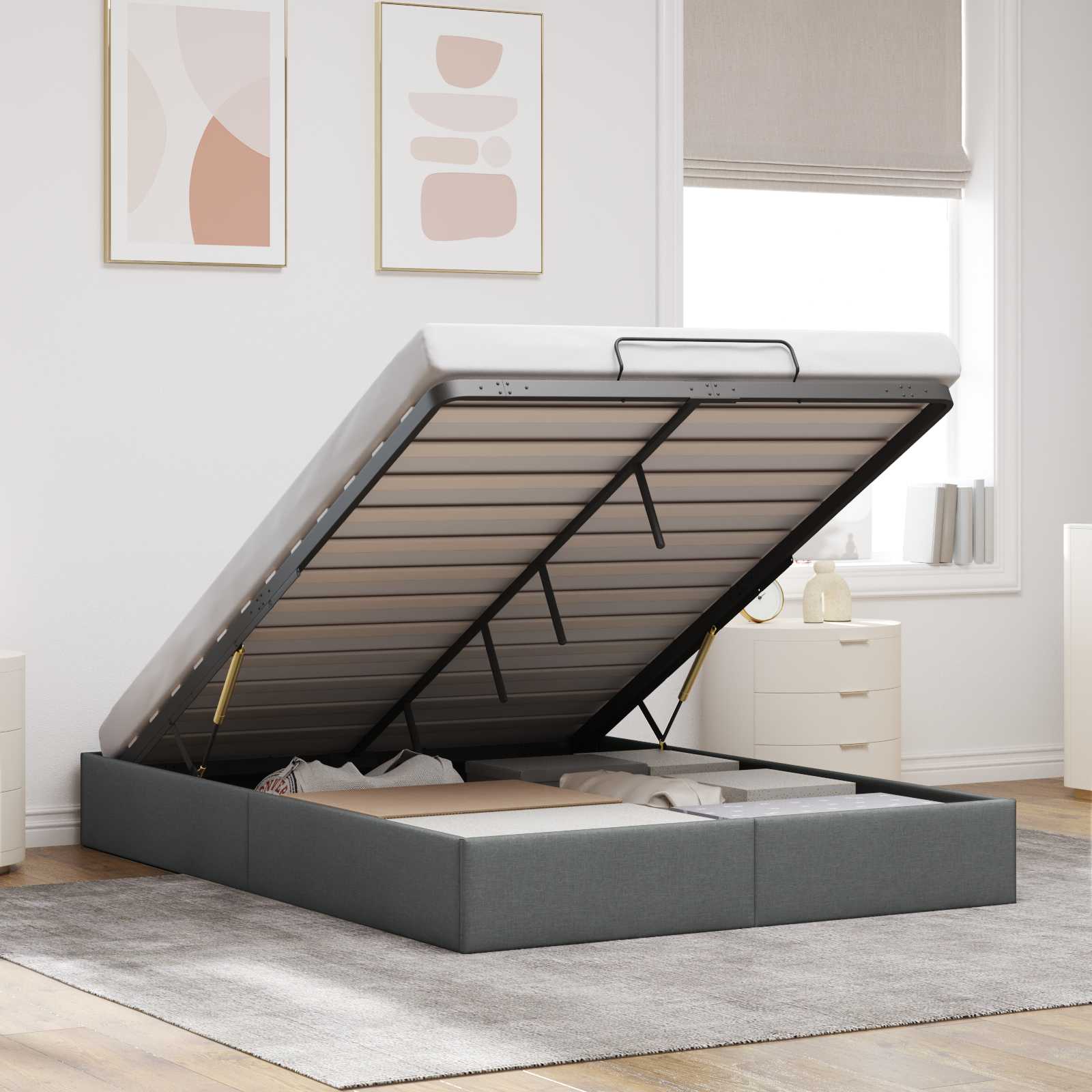 Ottoman Bettgestell Dunkelgrau 152 x 203 cm Stoff
