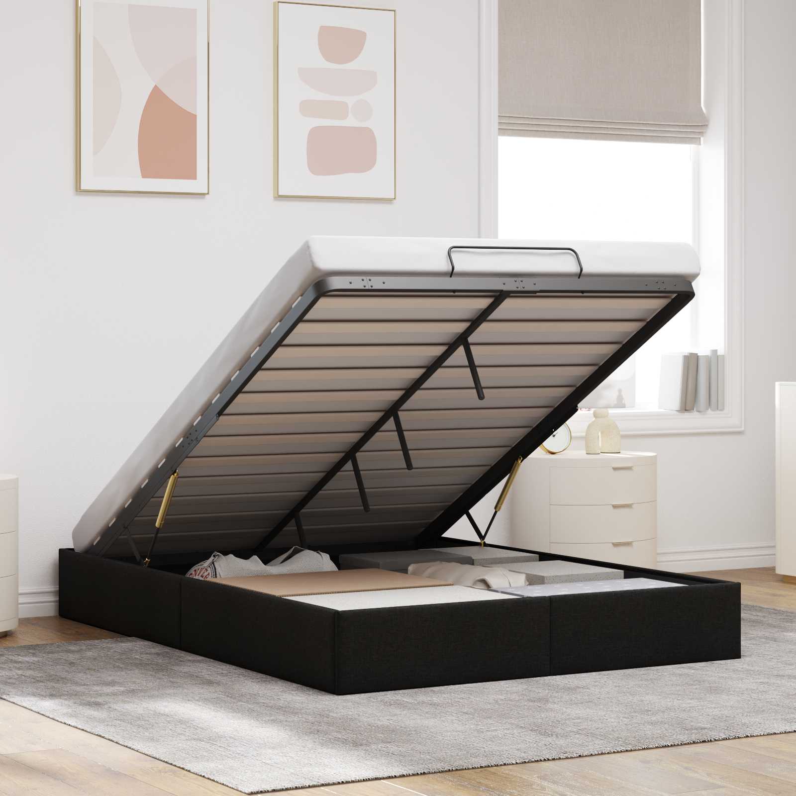 Ottoman Bettgestell Schwarz 152 x 203 cm Stoff