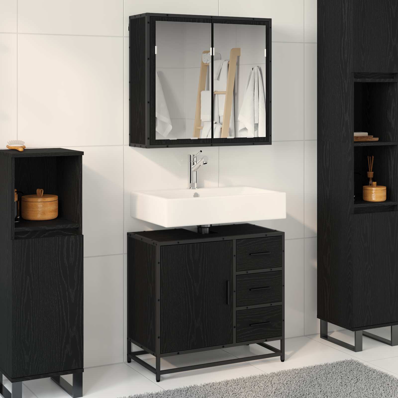 Badezimmermöbel-Set 2 stk. Schwarz Eichen-Optik 65 x 33 x 60 cm