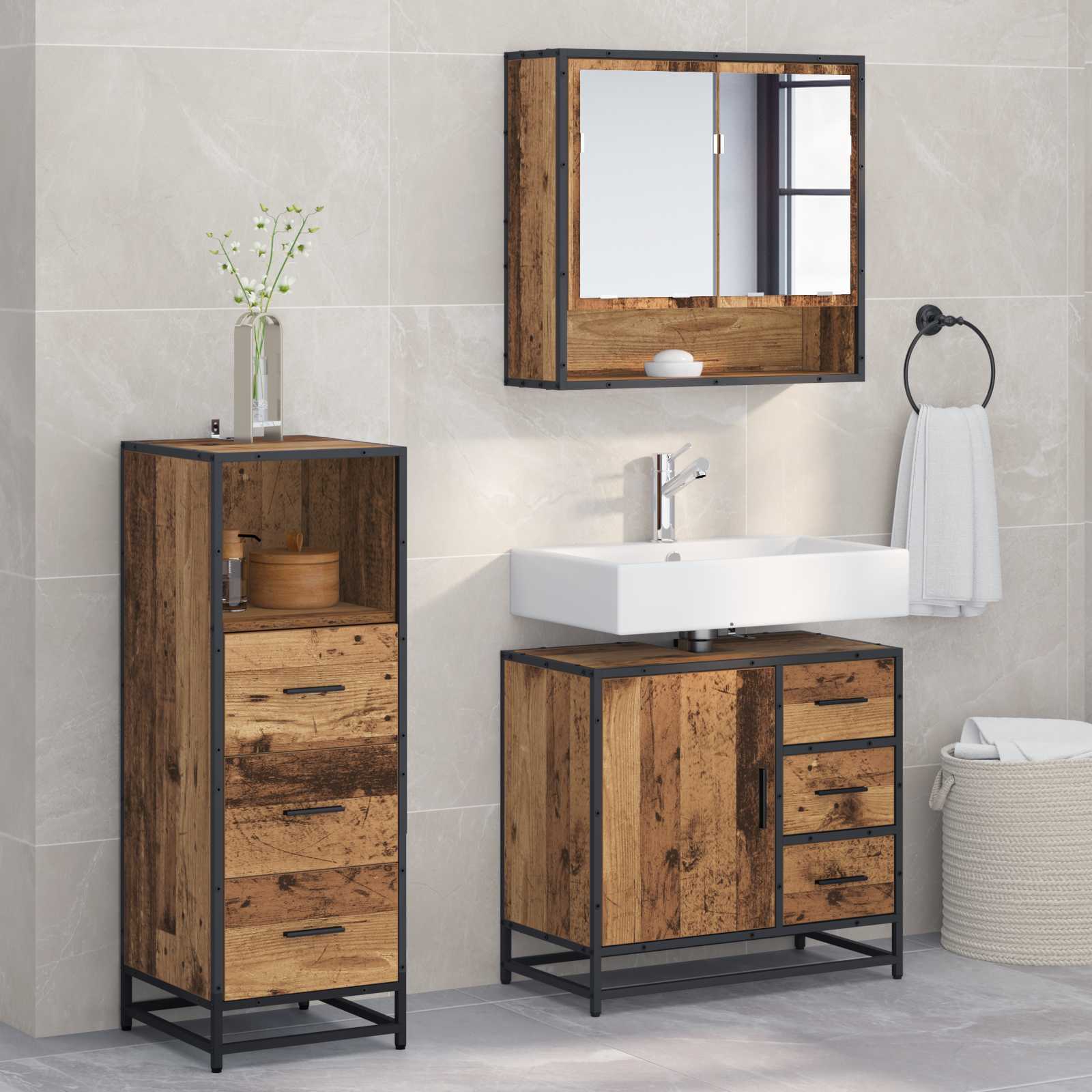 Badezimmermöbel-Set 3 stk. Altholz 65 x 33 x 60 cm