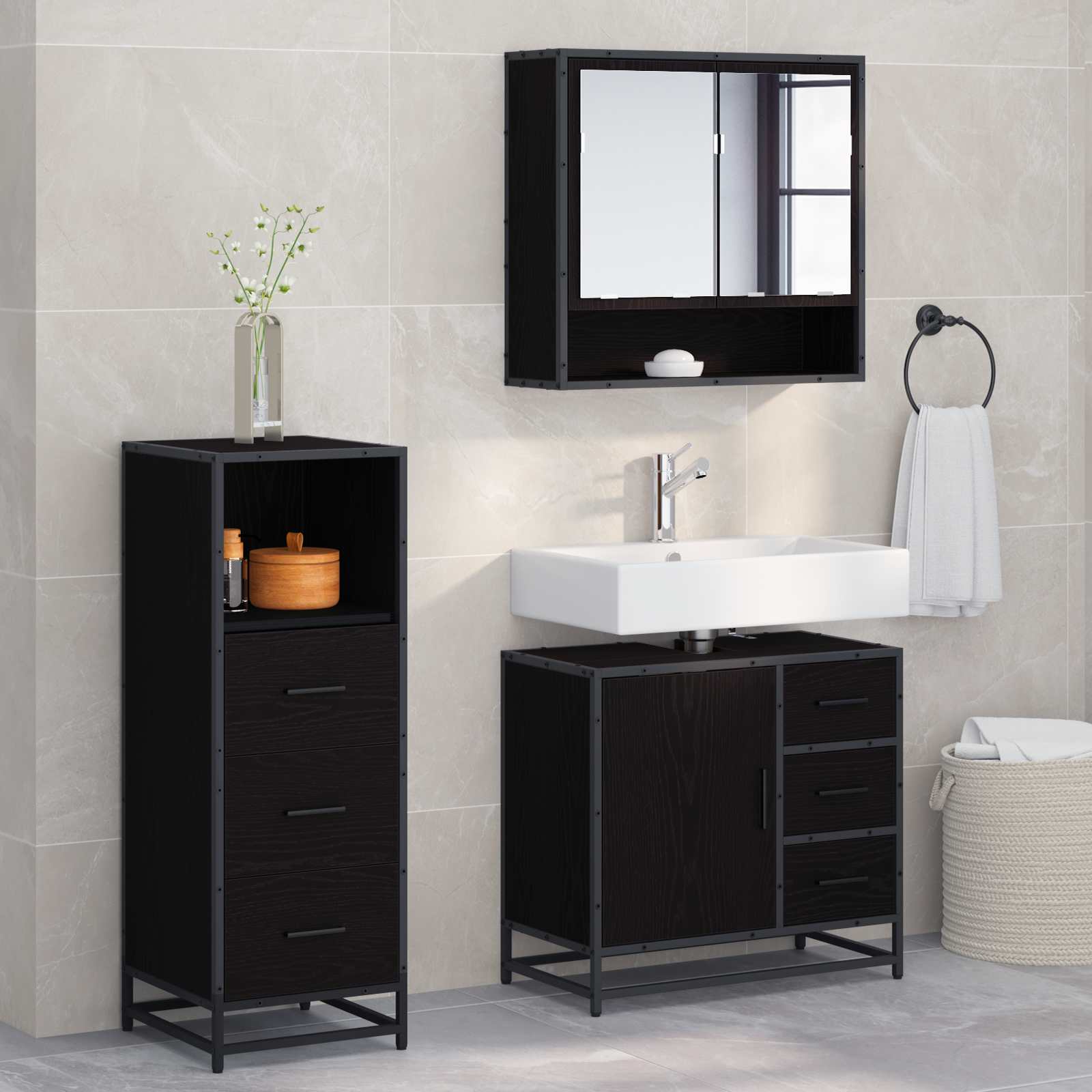 Badezimmermöbel-Set 3 stk. Schwarz Eichen-Optik 65 x 33 x 60 cm