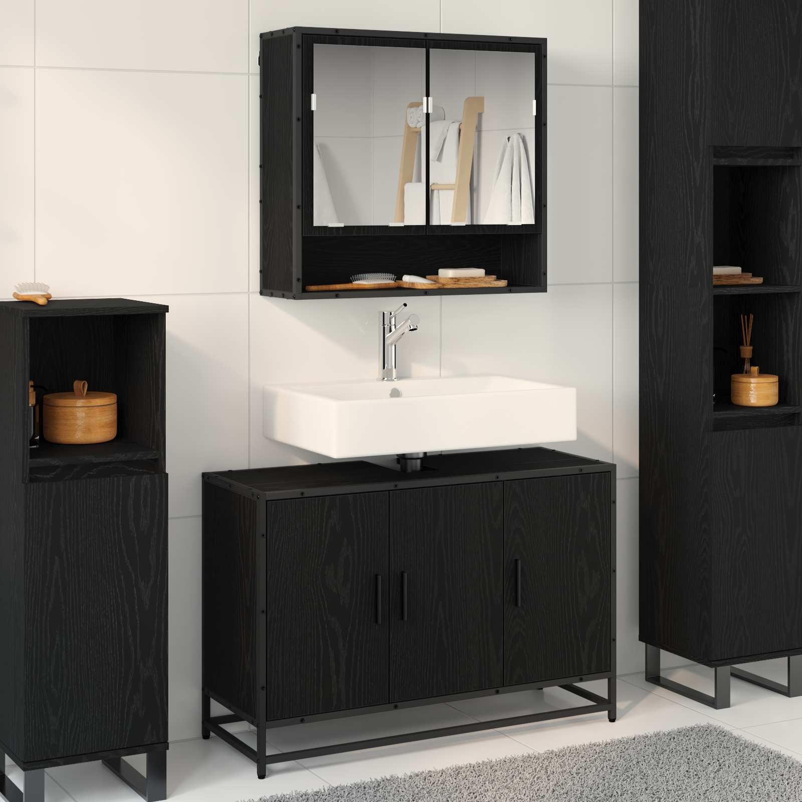 Badezimmermöbel-Set 2 stk. Schwarz Eichen-Optik 90 x 33 x 60 cm