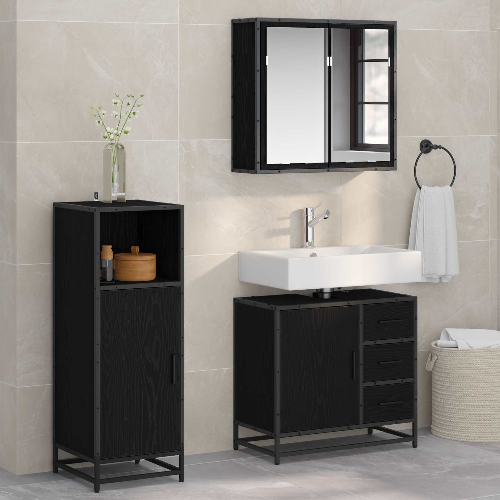 Badezimmermöbel-Set 3 stk. Schwarz Eichen-Optik 65 x 33 x 60 cm