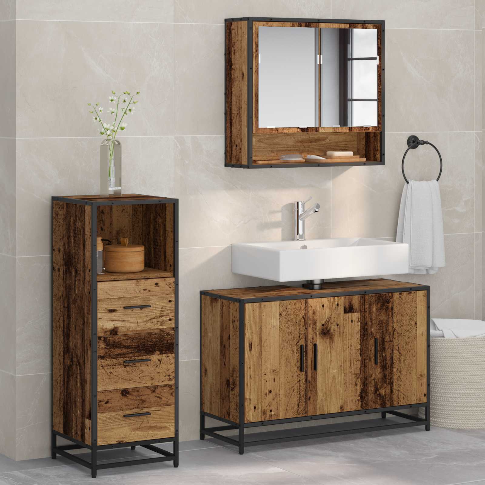 Badezimmermöbel-Set 3 Stk. Altholz Holzwerkstoff