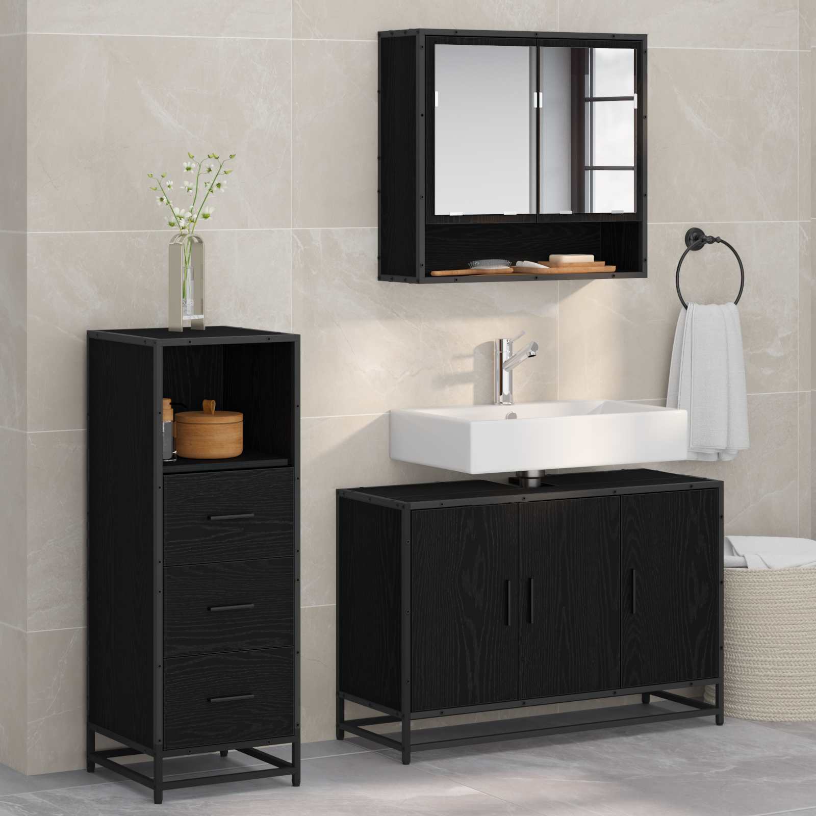 Badezimmermöbel-Set 3 Stk. Schwarz Eichen-Optik Holzwerkstoff