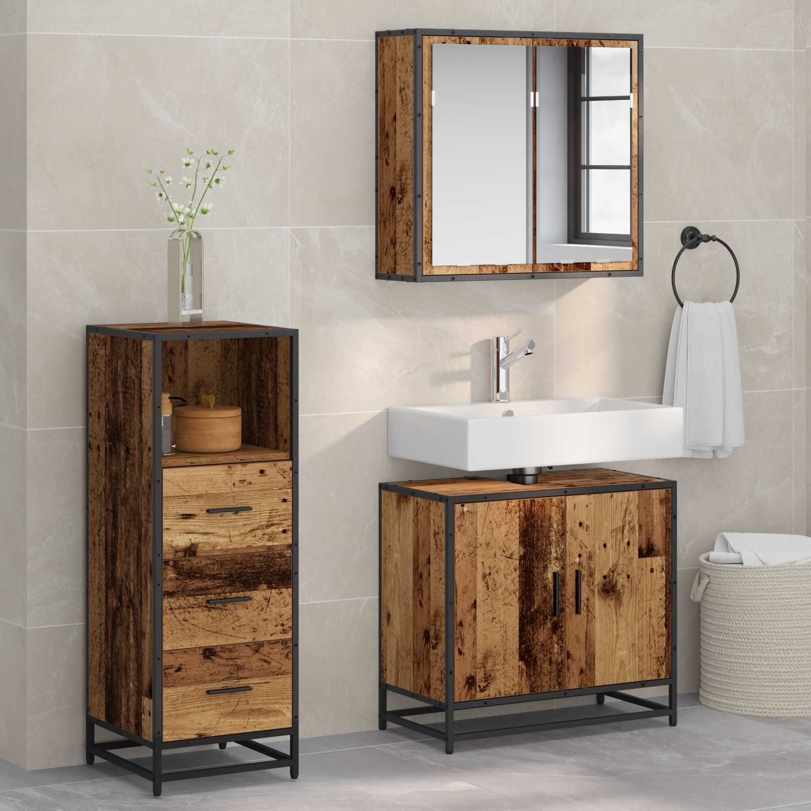 Badezimmermöbel-Set 3 stk. Altholz 65 x 33 x 60 cm