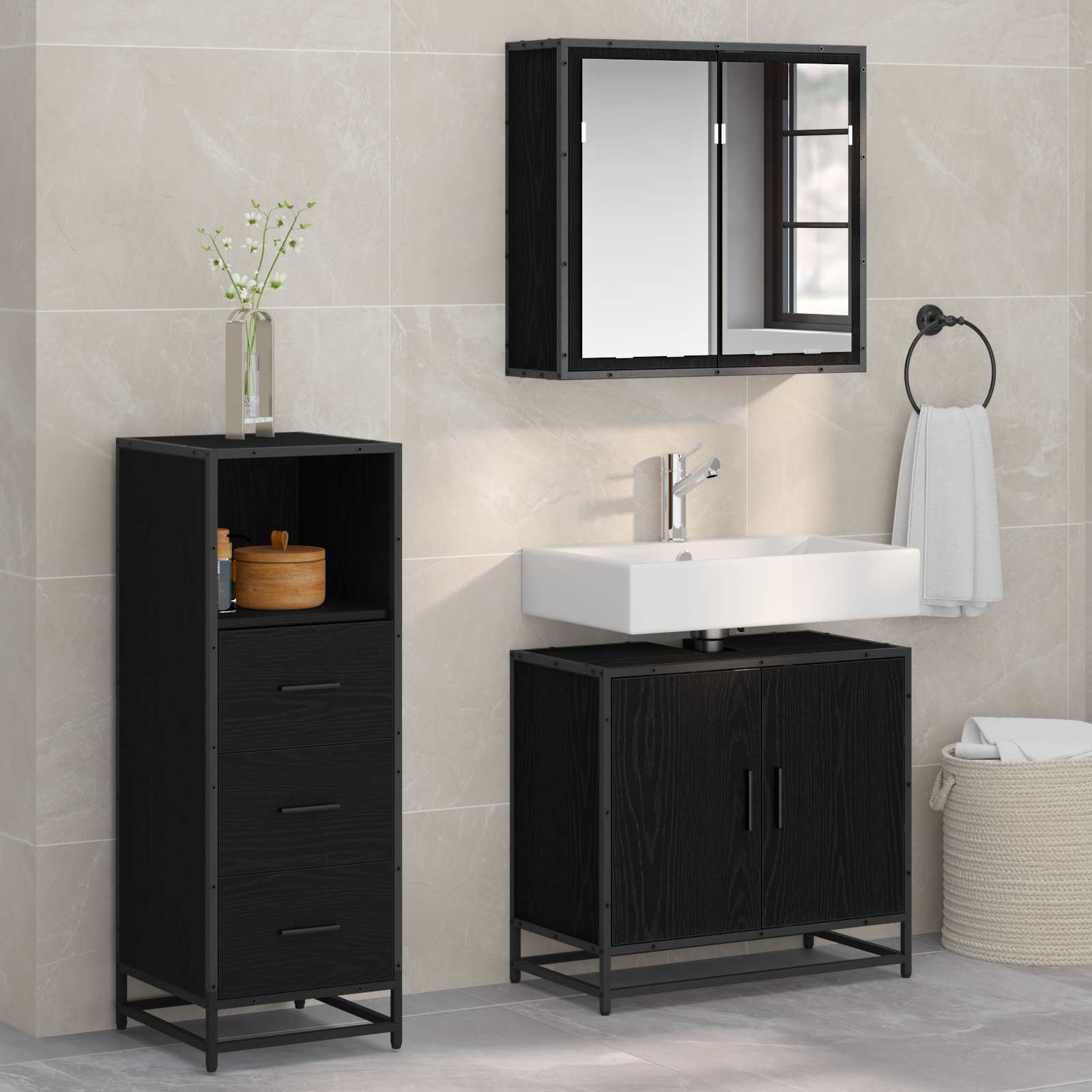 Badezimmermöbel-Set 3 stk. Schwarz Eichen-Optik 65 x 33 x 60 cm