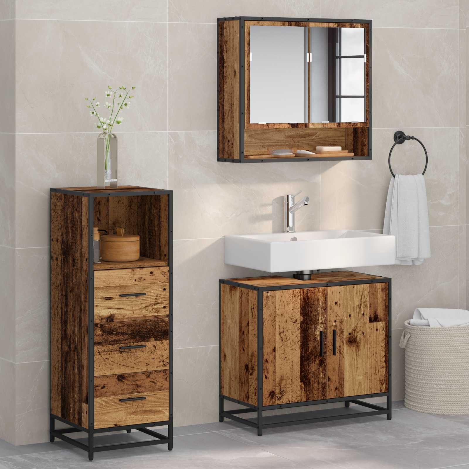 Badezimmermöbel-Set 3 stk. Altholz 65 x 33 x 60 cm