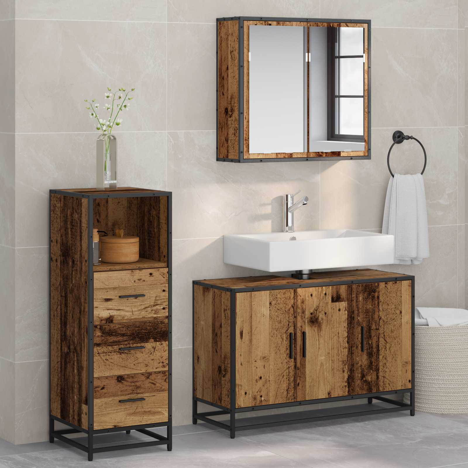 Badezimmermöbel-Set 3 Stk. Altholz Holzwerkstoff