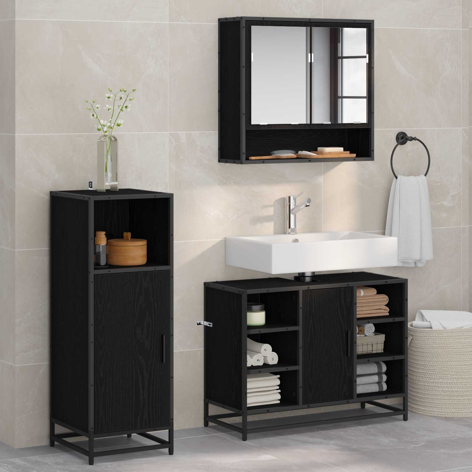 Badezimmermöbel-Set 3 Stk. Schwarz Eichen-Optik Holzwerkstoff