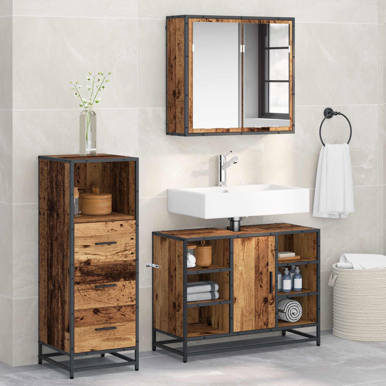 Badezimmermöbel-Set 3 stk. Altholz 80 x 33 x 60 cm