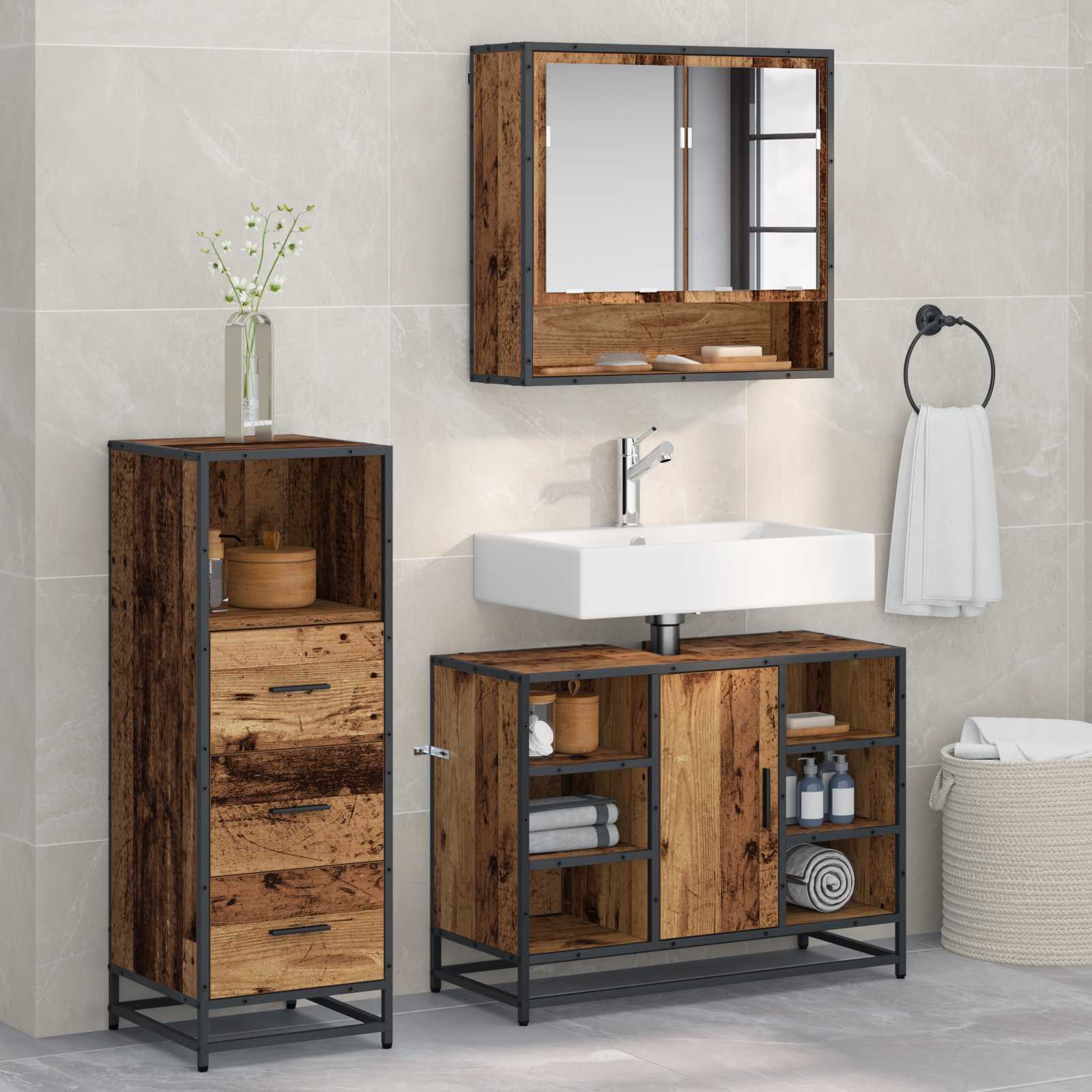 Badezimmermöbel-Set 3 Stk. Altholz Holzwerkstoff