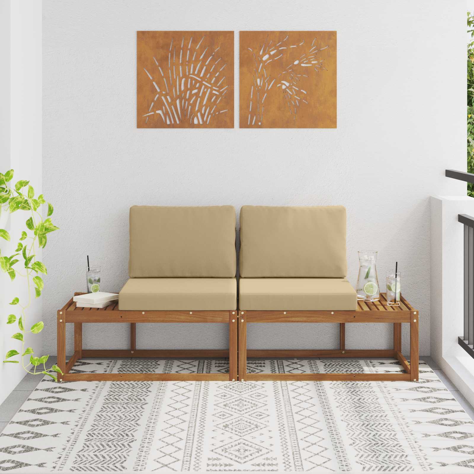 Outdoor End Sofa 2 Stück Natur und Beige Massivholz Akazie