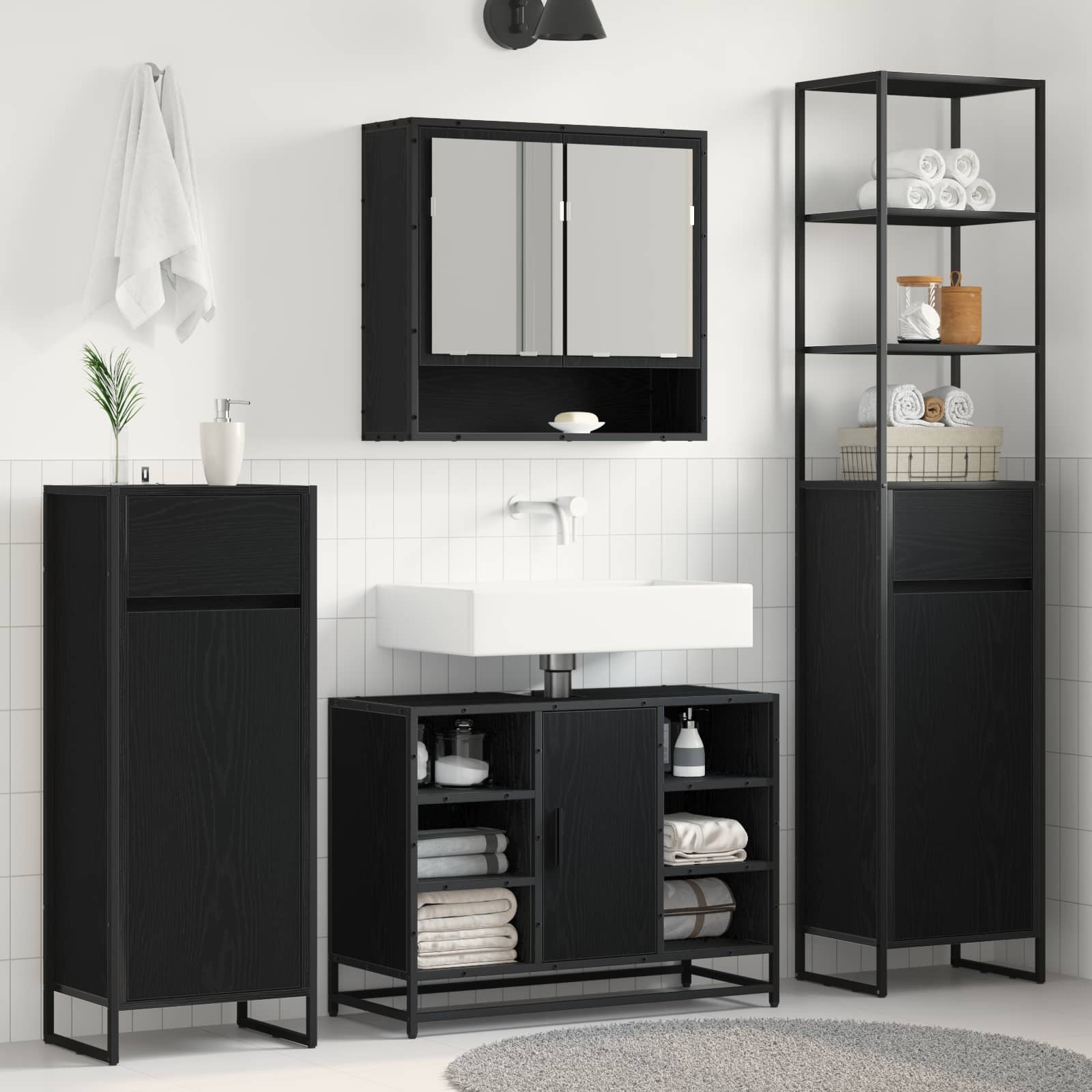 Badezimmerschrank Schwarz Eichen-Optik 40 x 30 x 100 cm