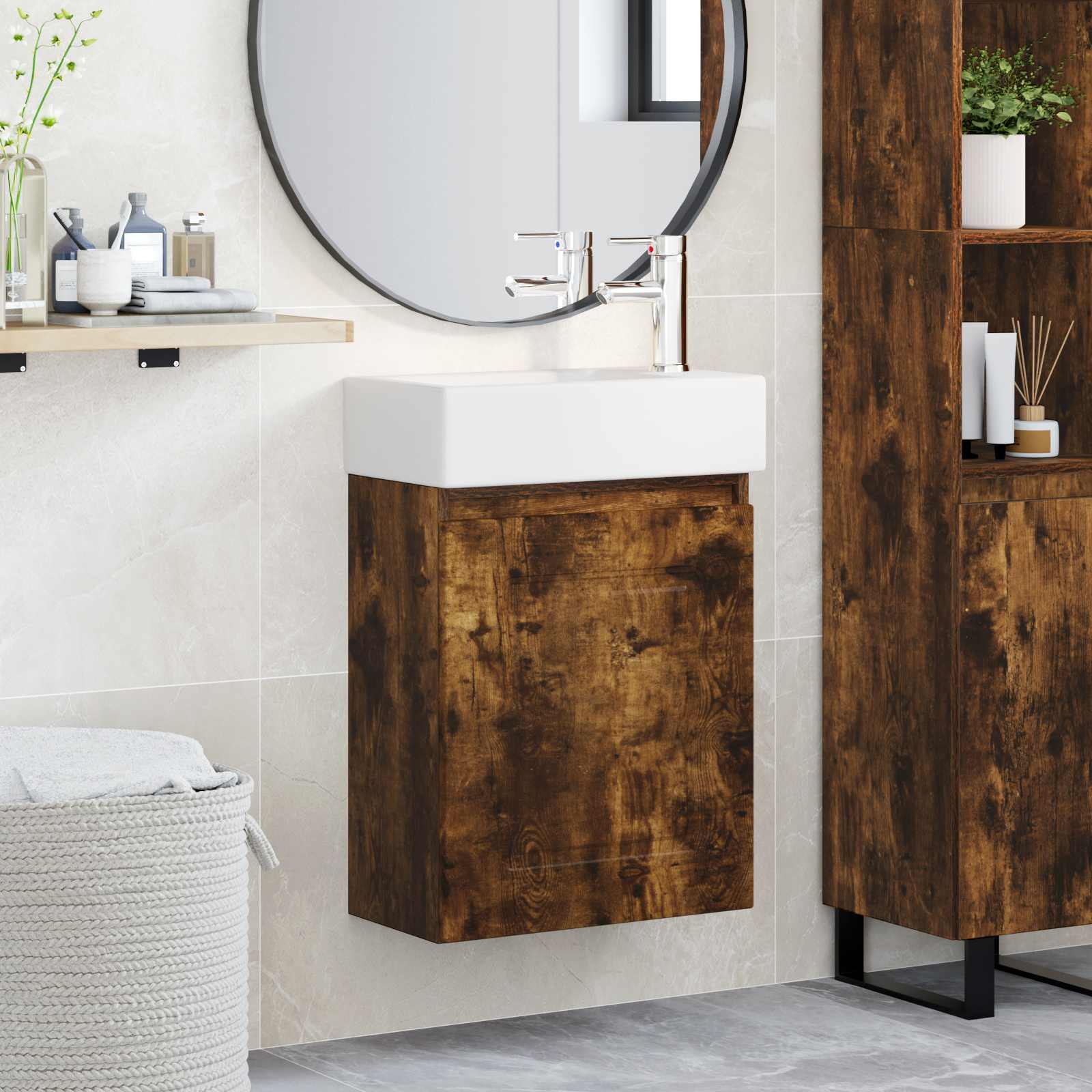 Badezimmer Waschtischunterschrank mit Wasserhahn Räuchereiche