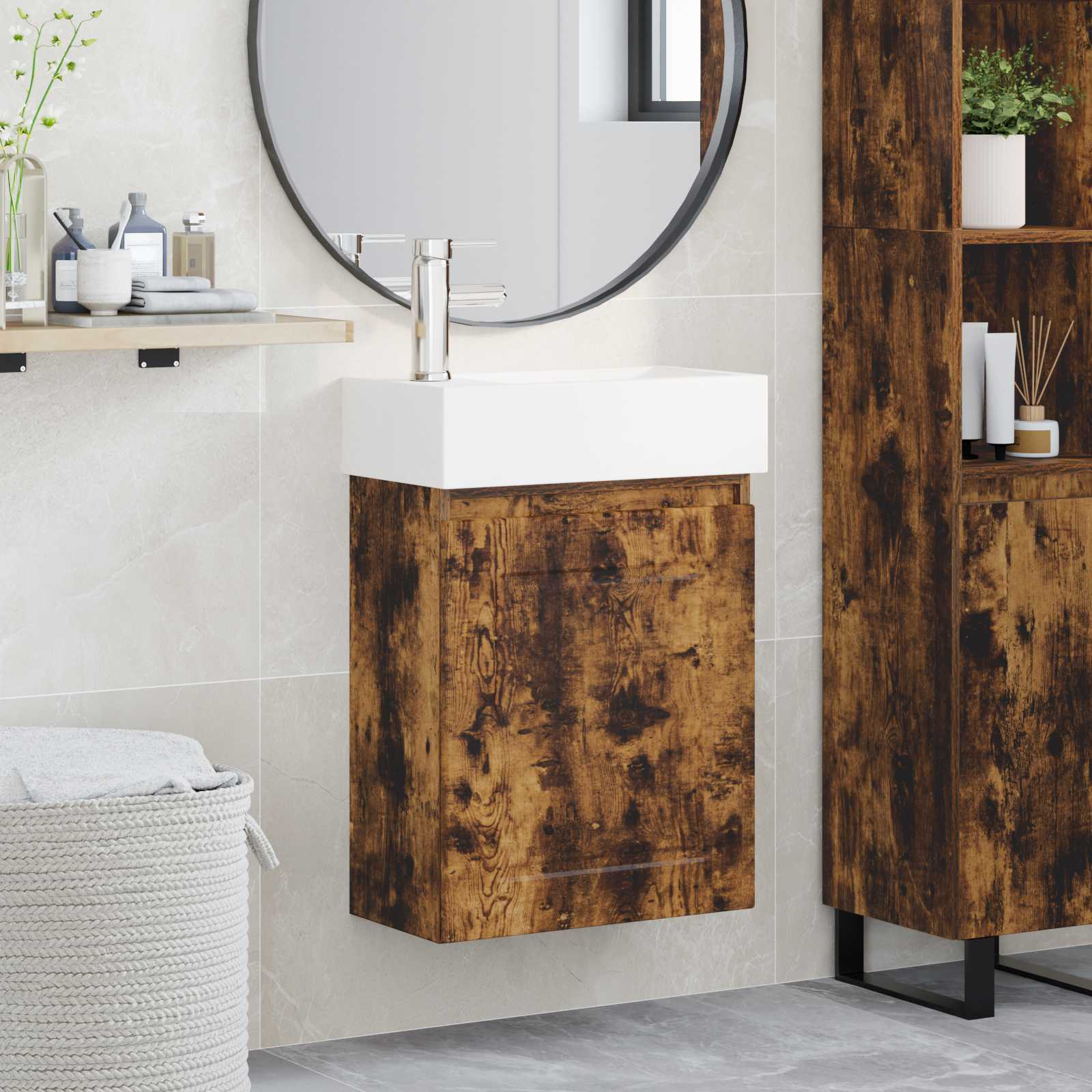 Badezimmer Waschtischunterschrank mit Wasserhahn Räuchereiche