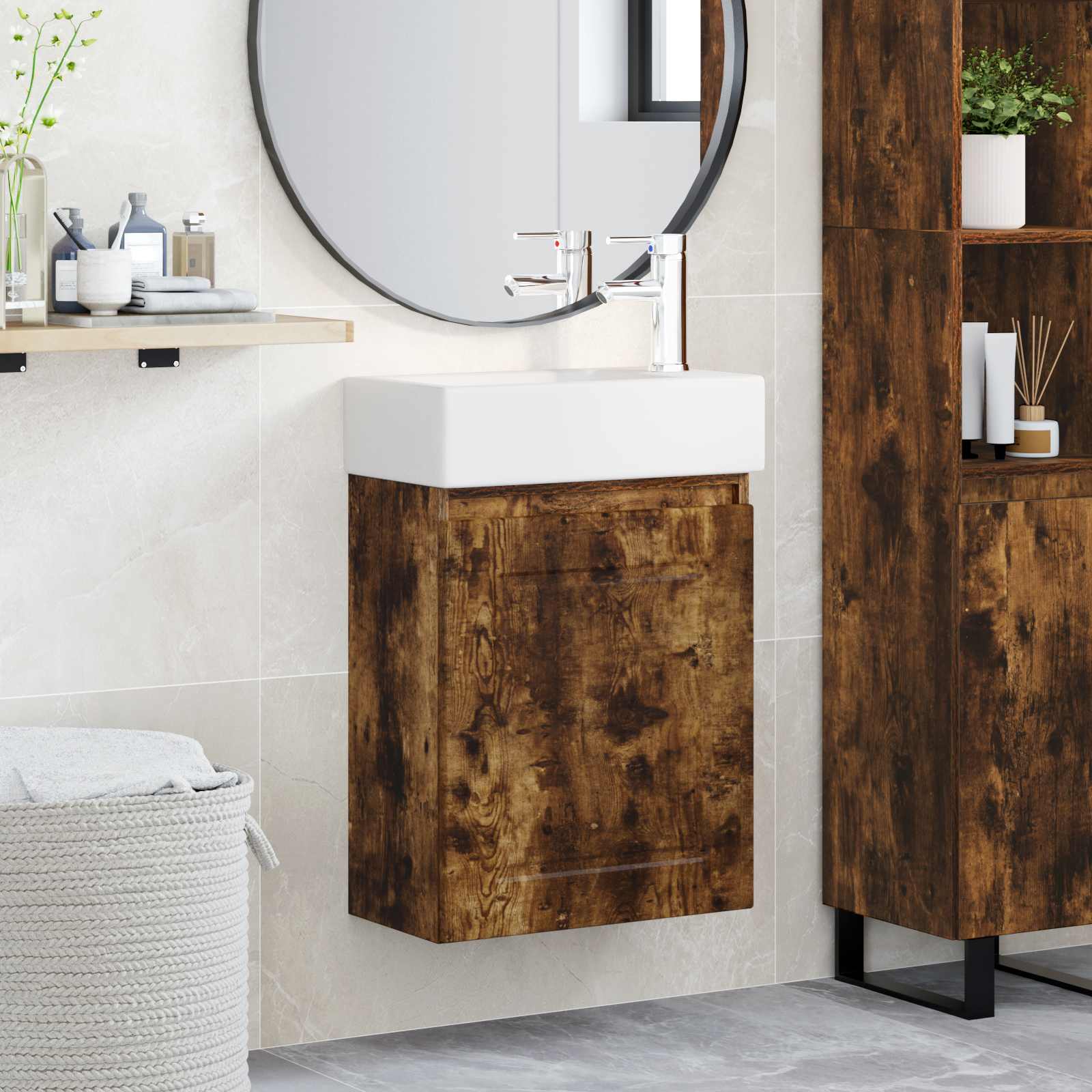 Badezimmer Waschtischunterschrank mit Wasserhahn Räuchereiche