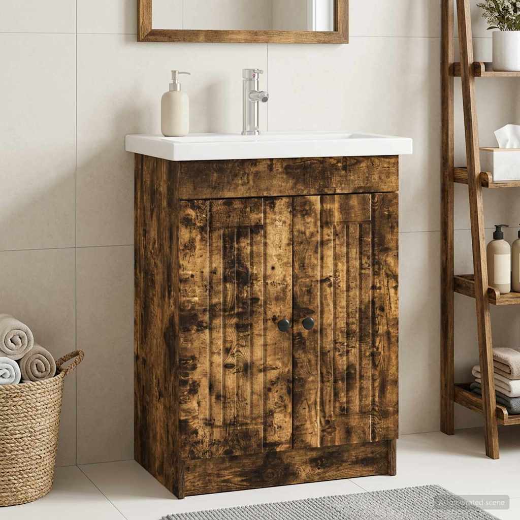 Unter dem Waschbecken Badschrank Räuchereiche