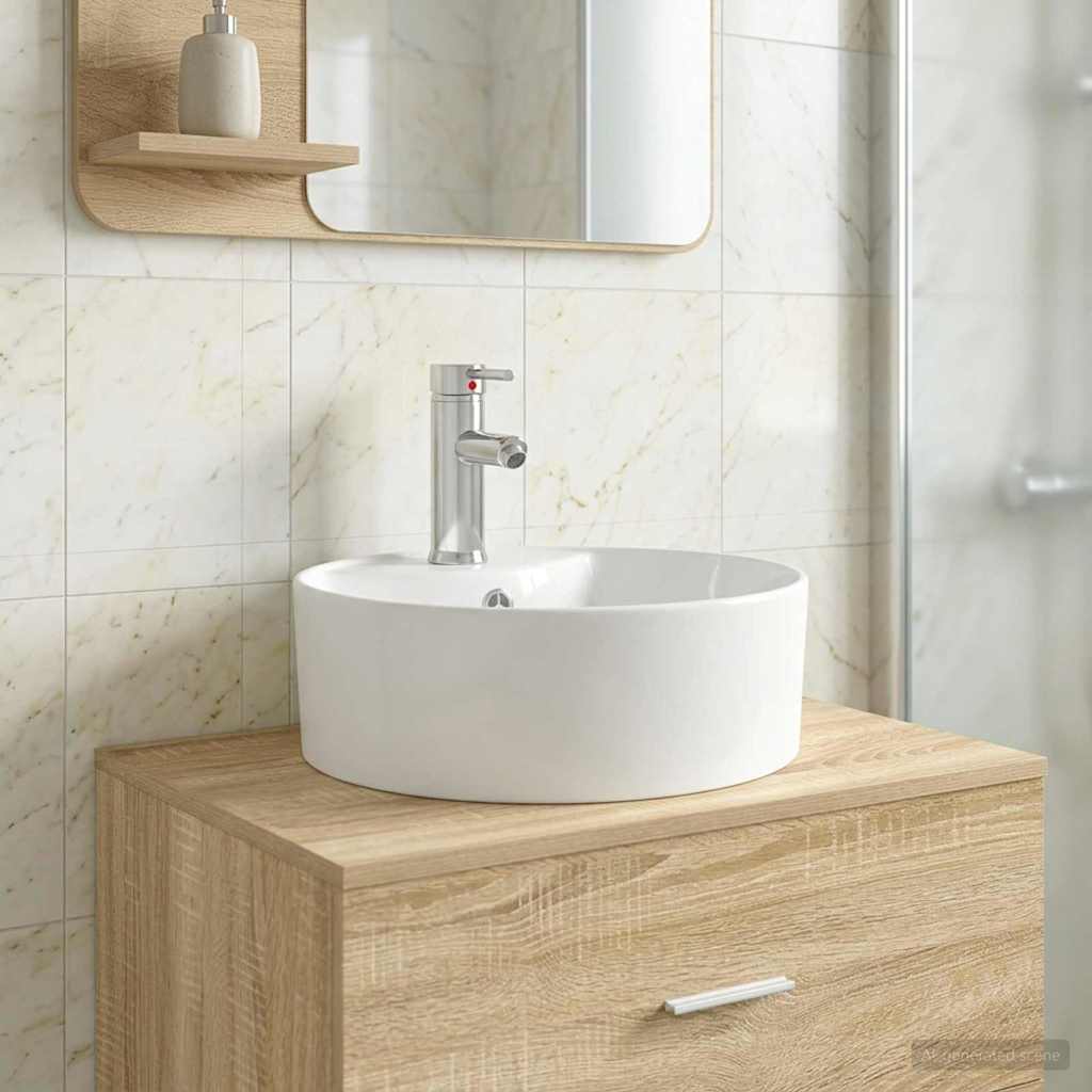 Waschbecken mit Wasserhahn und Abfluss Chrom